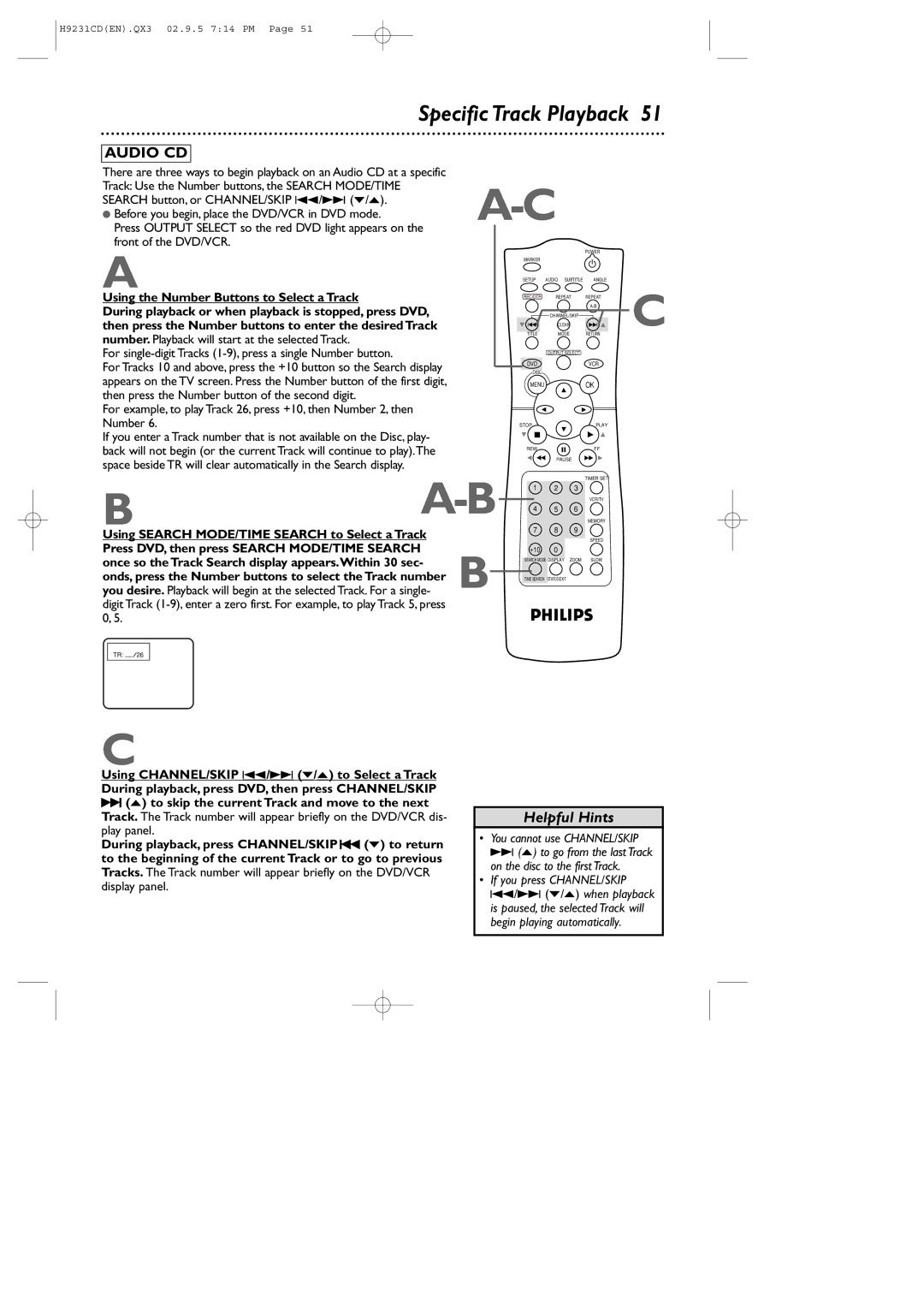 Philips DVD741VR owner manual Ba-B, Specific Track Playback 