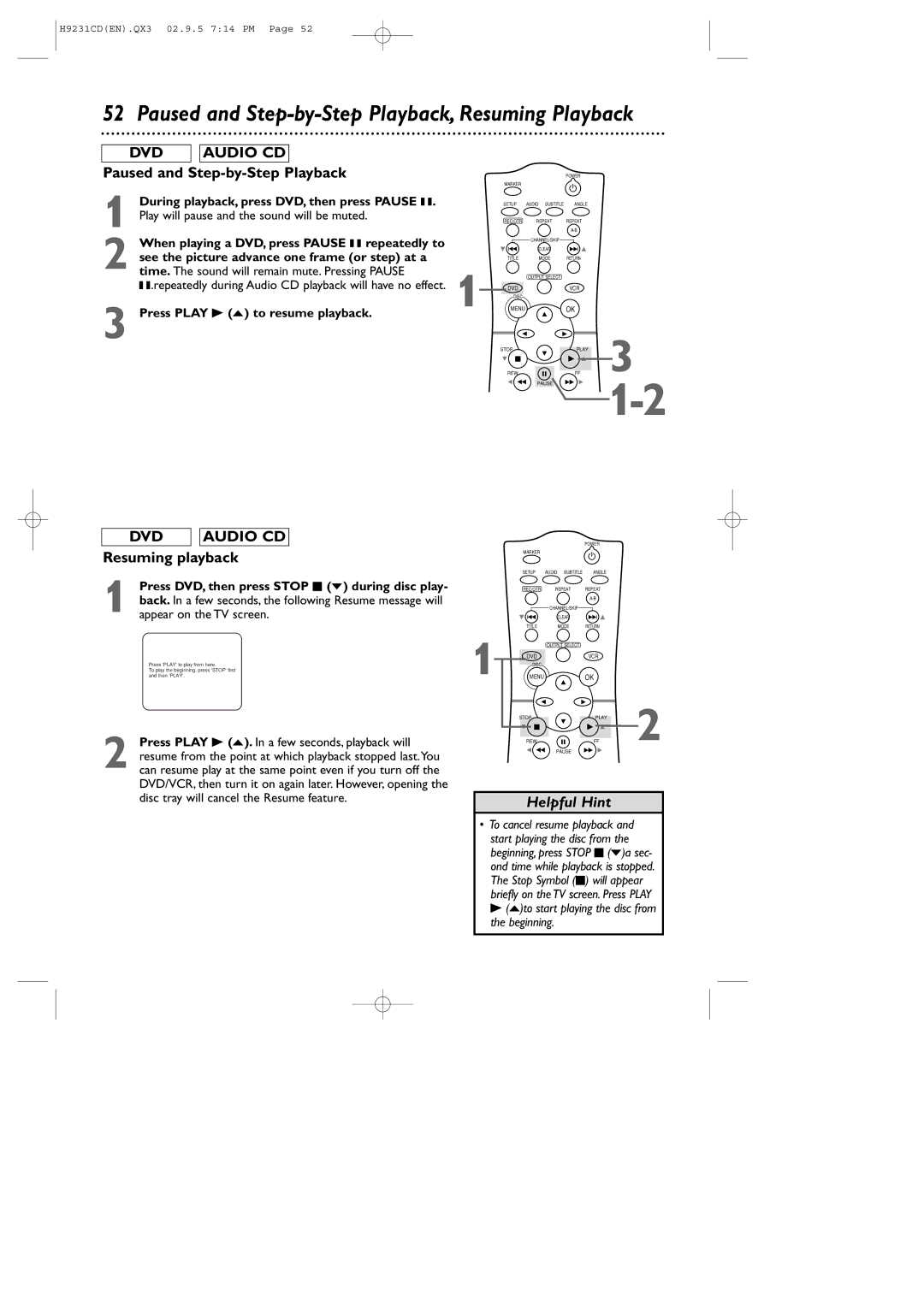 Philips DVD741VR owner manual Paused and Step-by-Step Playback, Resuming Playback, Resuming playback 