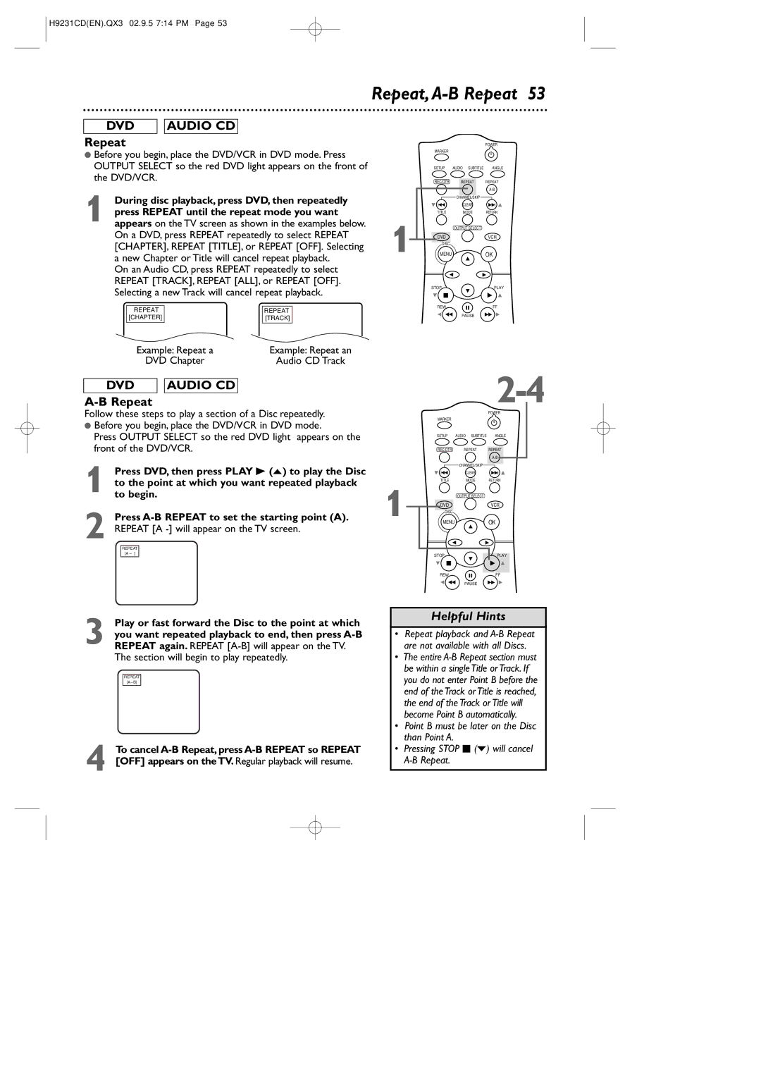 Philips DVD741VR owner manual Repeat,A-B Repeat, During disc playback, press DVD, then repeatedly 