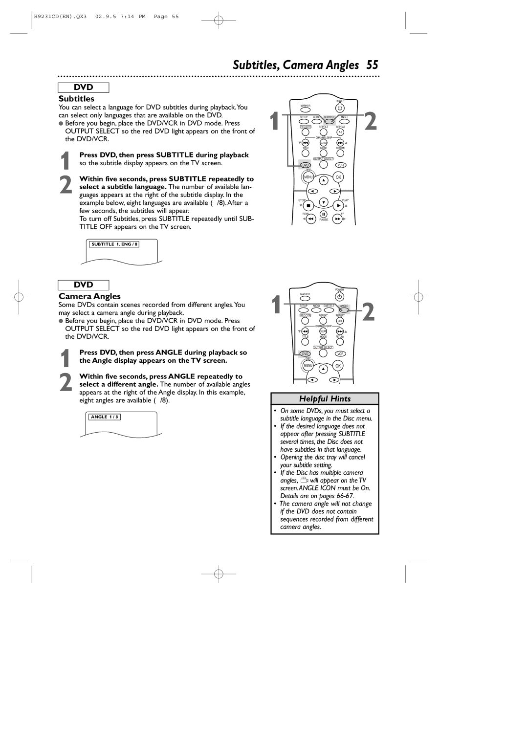 Philips DVD741VR owner manual Subtitles, Camera Angles, Opening the disc tray will cancel your subtitle setting 