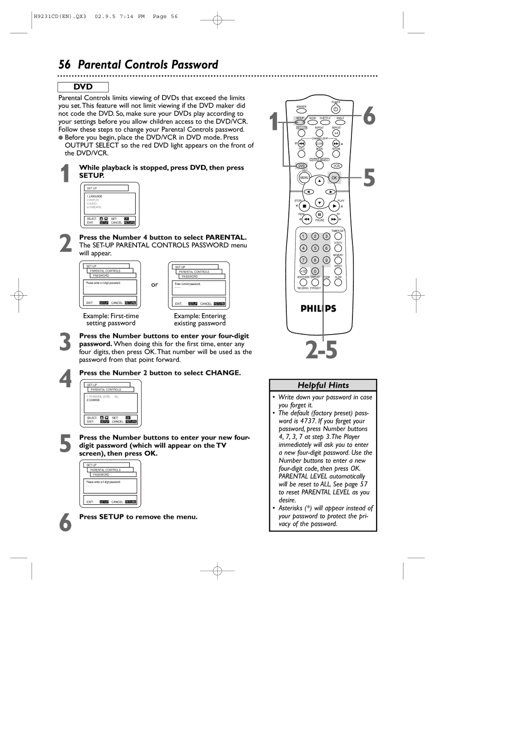 Philips DVD741VR owner manual Parental Controls Password, Press the Number buttons to enter your four-digit 