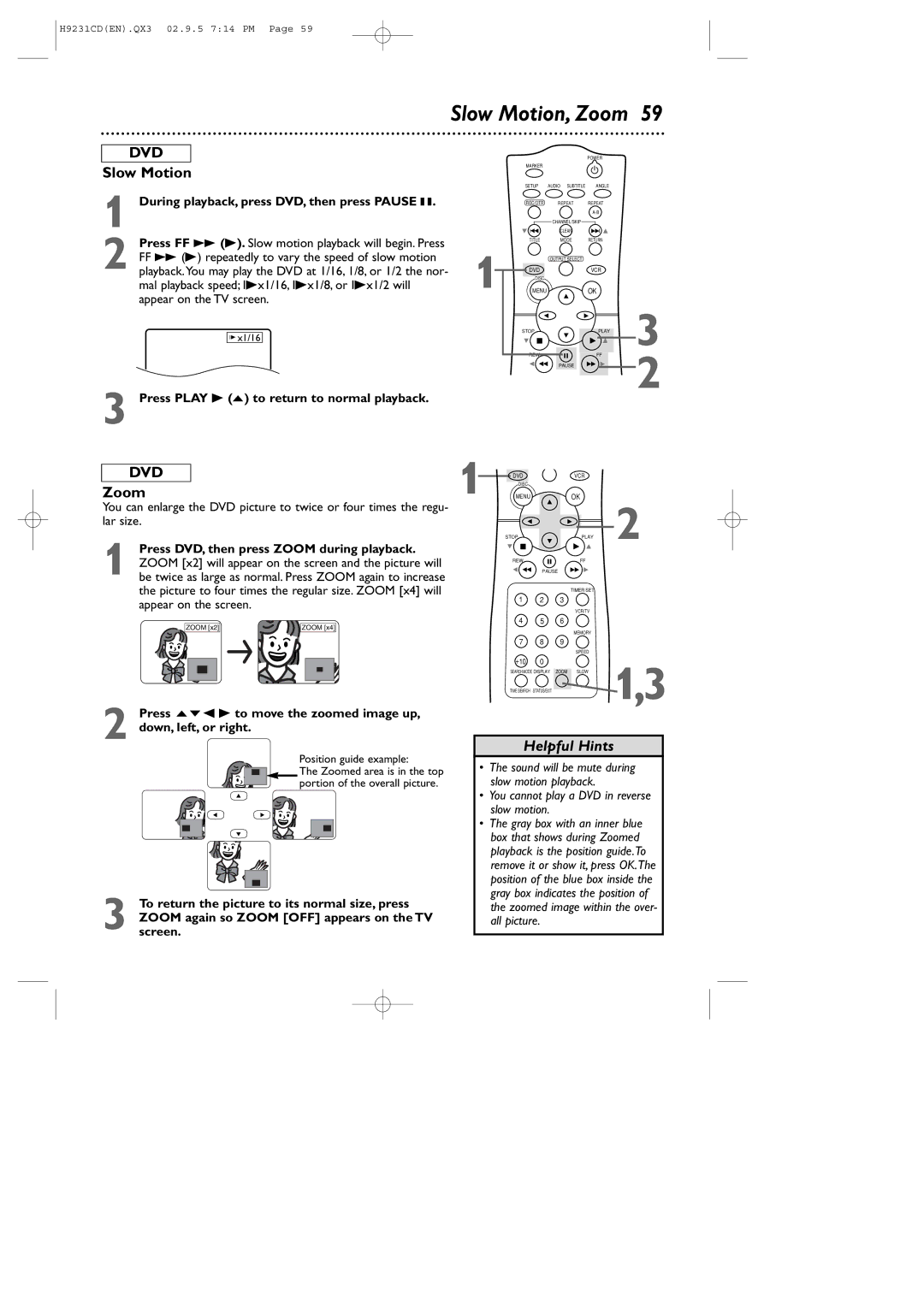 Philips DVD741VR owner manual Slow Motion, Zoom, Press DVD, then press Zoom during playback 