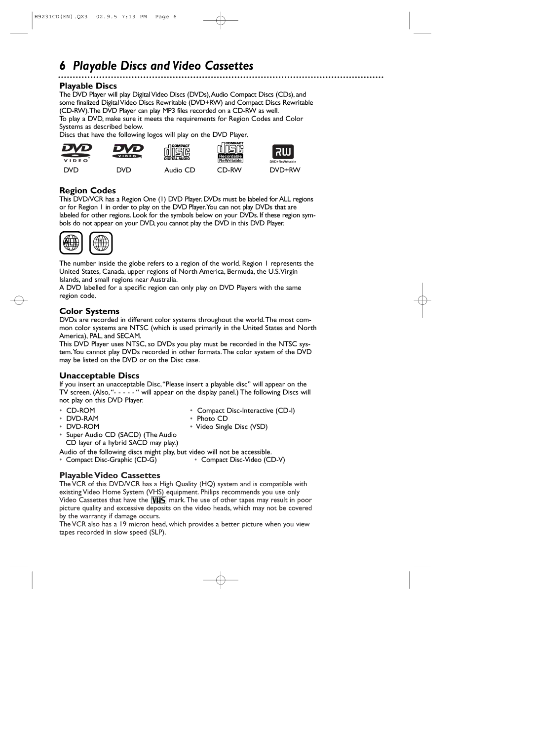 Philips DVD741VR owner manual Playable Discs and Video Cassettes 