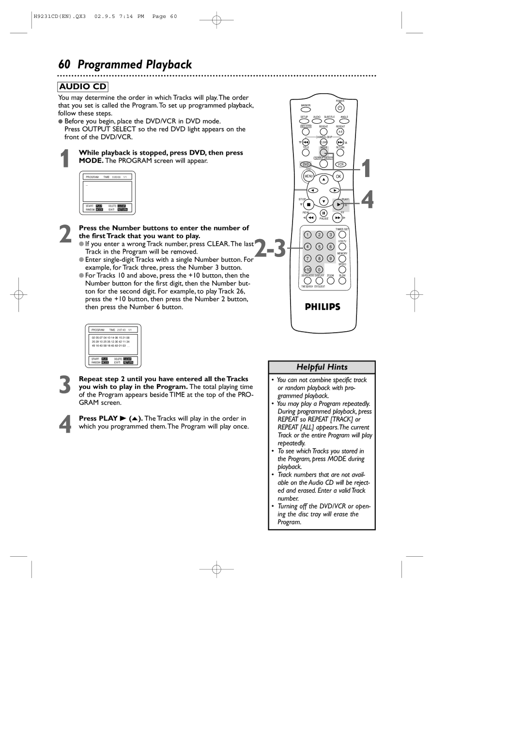 Philips DVD741VR owner manual Programmed Playback, MODE. The Program screen will appear, Then press the Number 6 button 