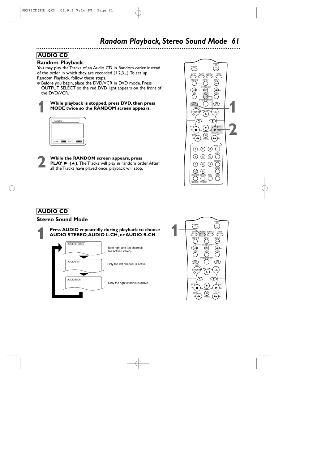 Philips DVD741VR owner manual Random Playback, Stereo Sound Mode, Press Audio repeatedly during playback to choose 