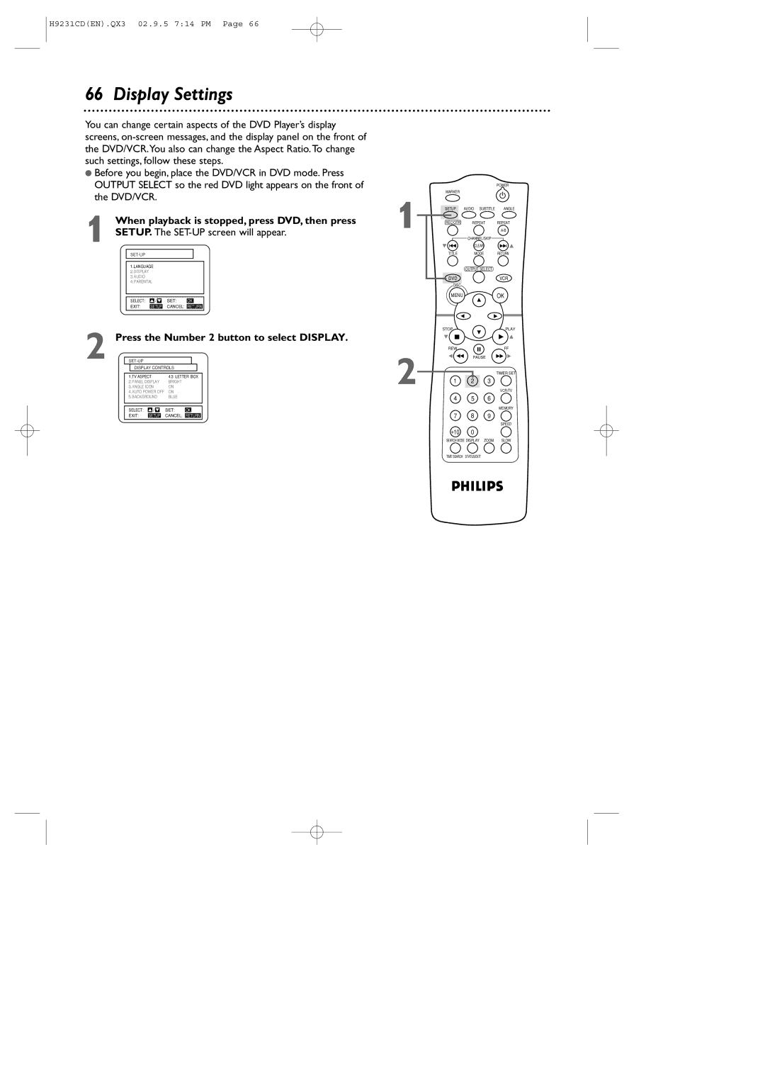 Philips DVD741VR Display Settings, SETUP. The SET-UP screen will appear, Press the Number 2 button to select Display 