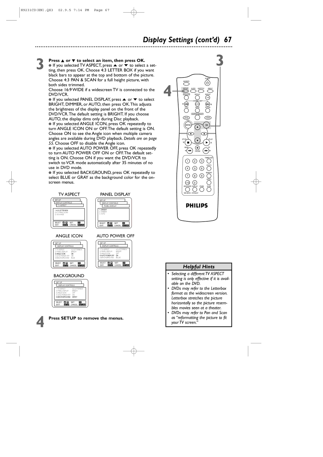 Philips DVD741VR Display Settings cont’d, Press K or L to select an item, then press OK, Press Setup to remove the menus 