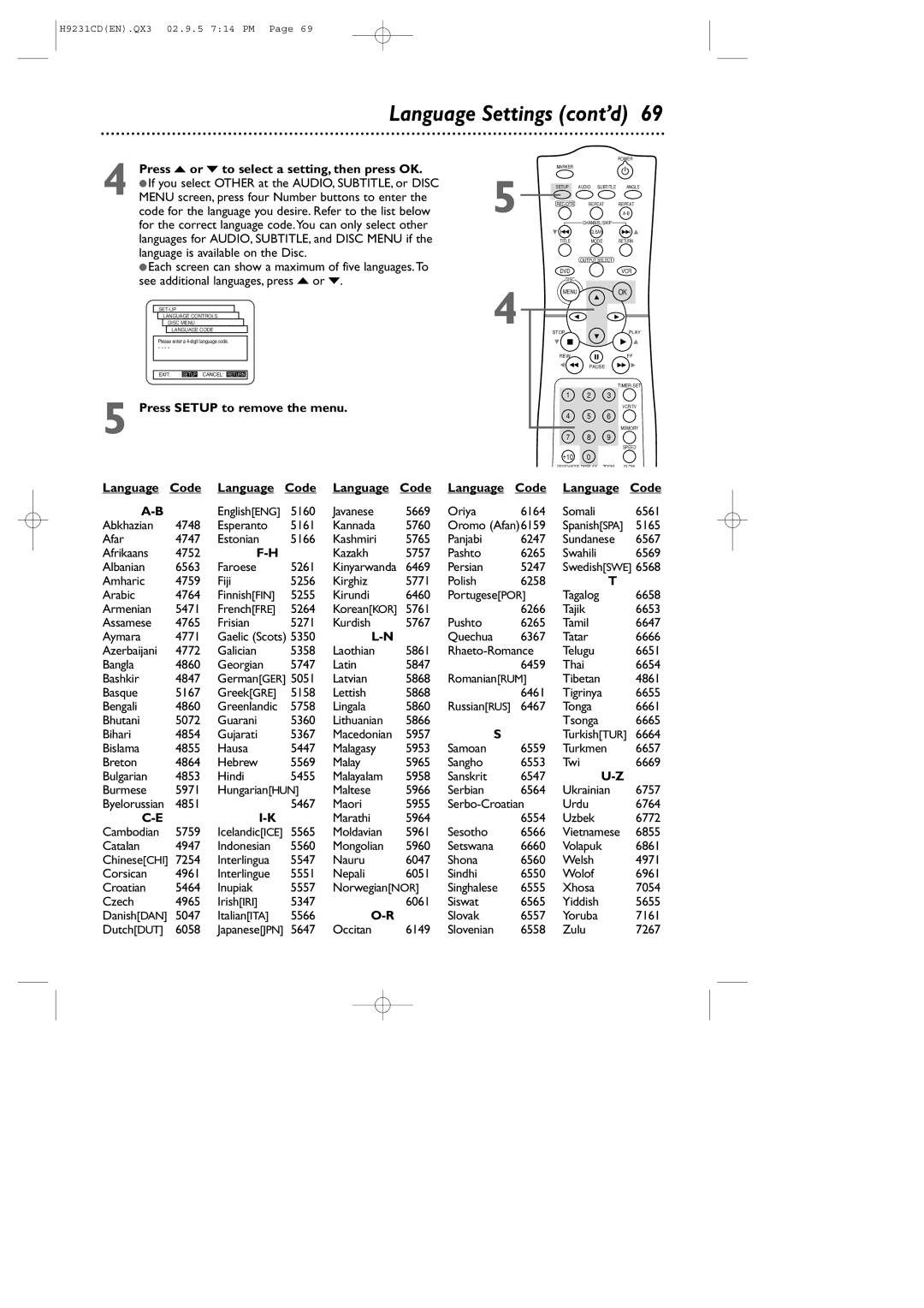 Philips DVD741VR owner manual Language Settings cont’d, Press o or p to select a setting, then press OK, Language Code 