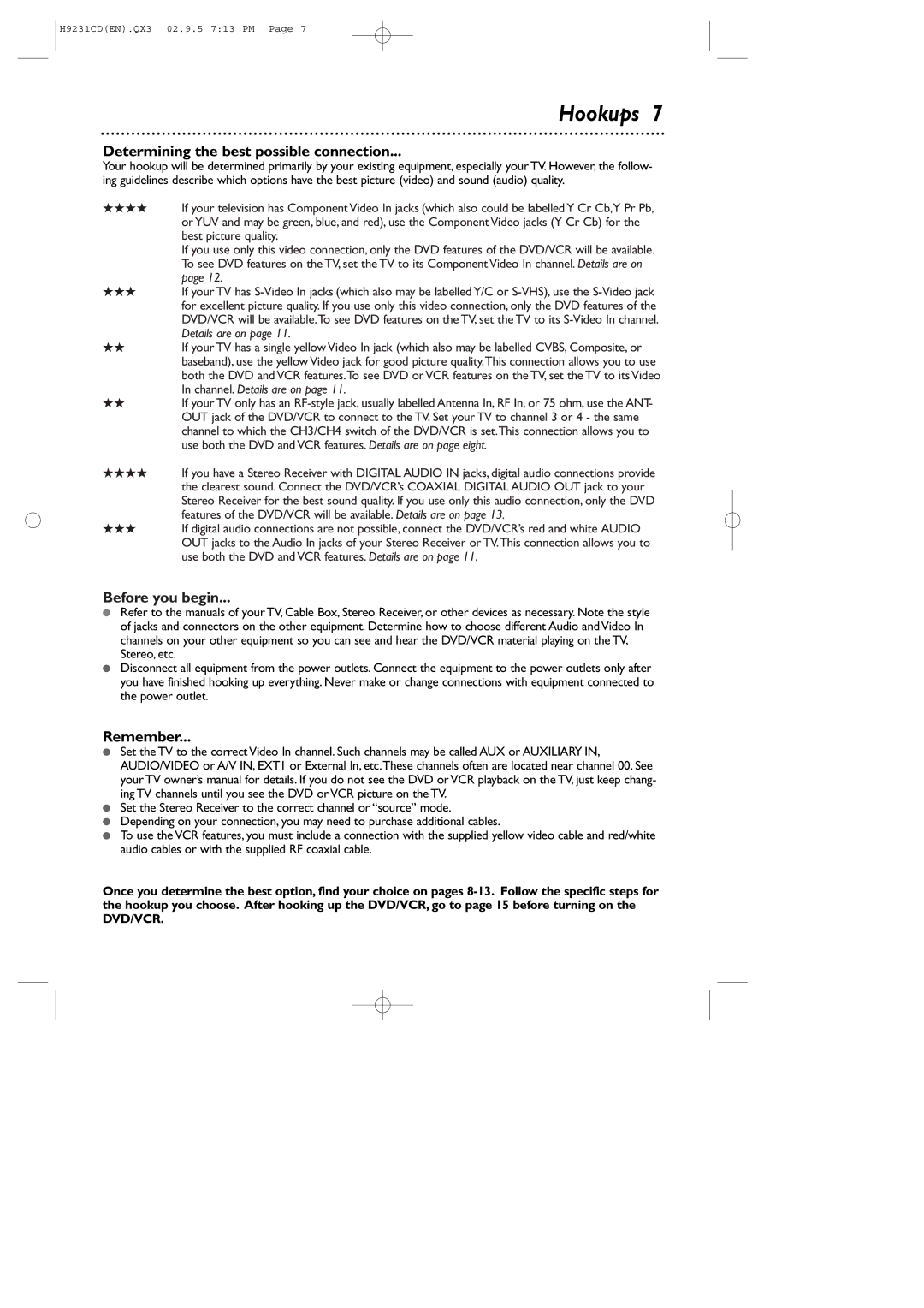 Philips DVD741VR owner manual Hookups, Determining the best possible connection, Before you begin, Remember 