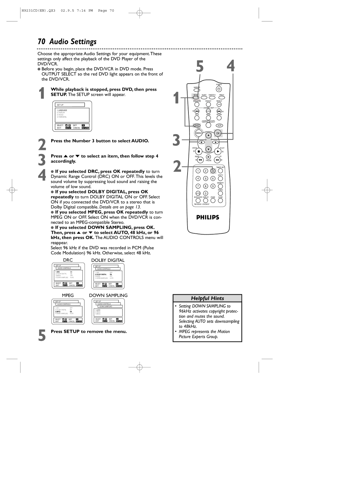 Philips DVD741VR owner manual Audio Settings, SETUP. The Setup screen will appear 