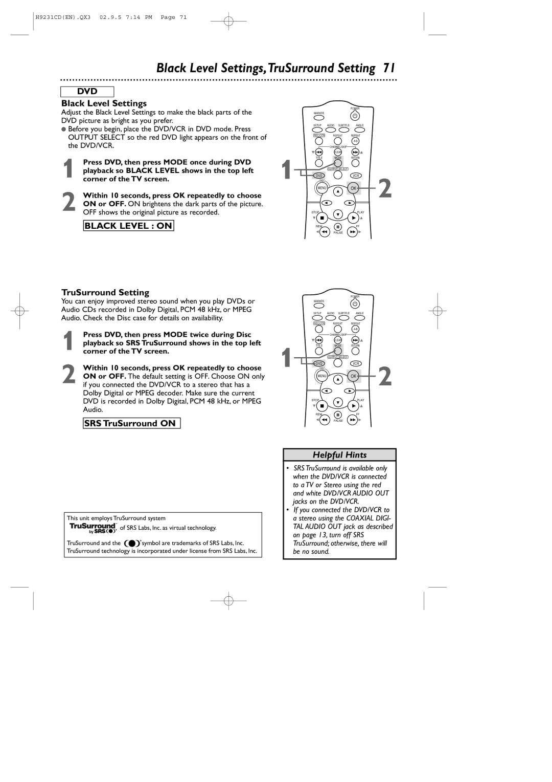 Philips DVD741VR owner manual Black Level Settings, TruSurround Setting, SRS TruSurround on 