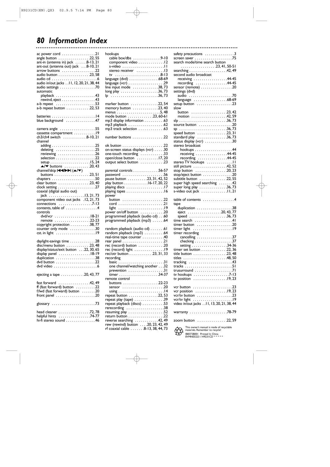 Philips DVD741VR owner manual Information Index, Automatic 