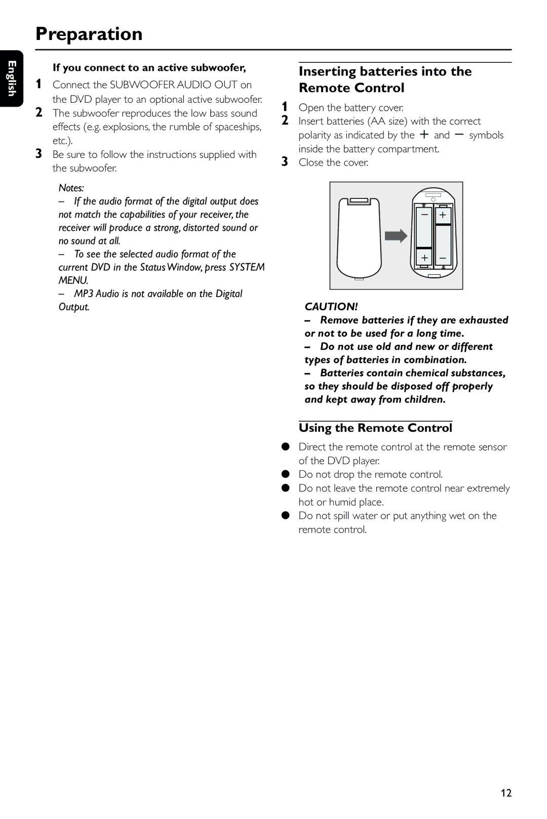 Philips DVD743/001 manual Inserting batteries into the Remote Control, Using the Remote Control, Open the battery cover 