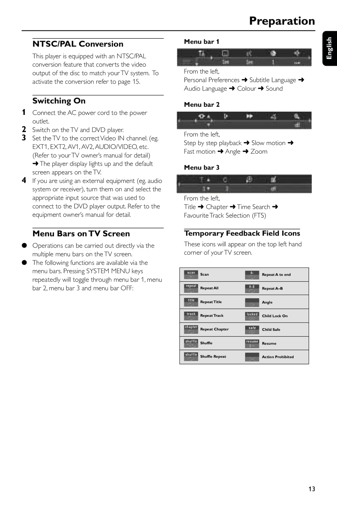 Philips DVD743/001 NTSC/PAL Conversion, Switching On, Menu Bars on TV Screen, Temporary Feedback Field Icons, Menu bar 