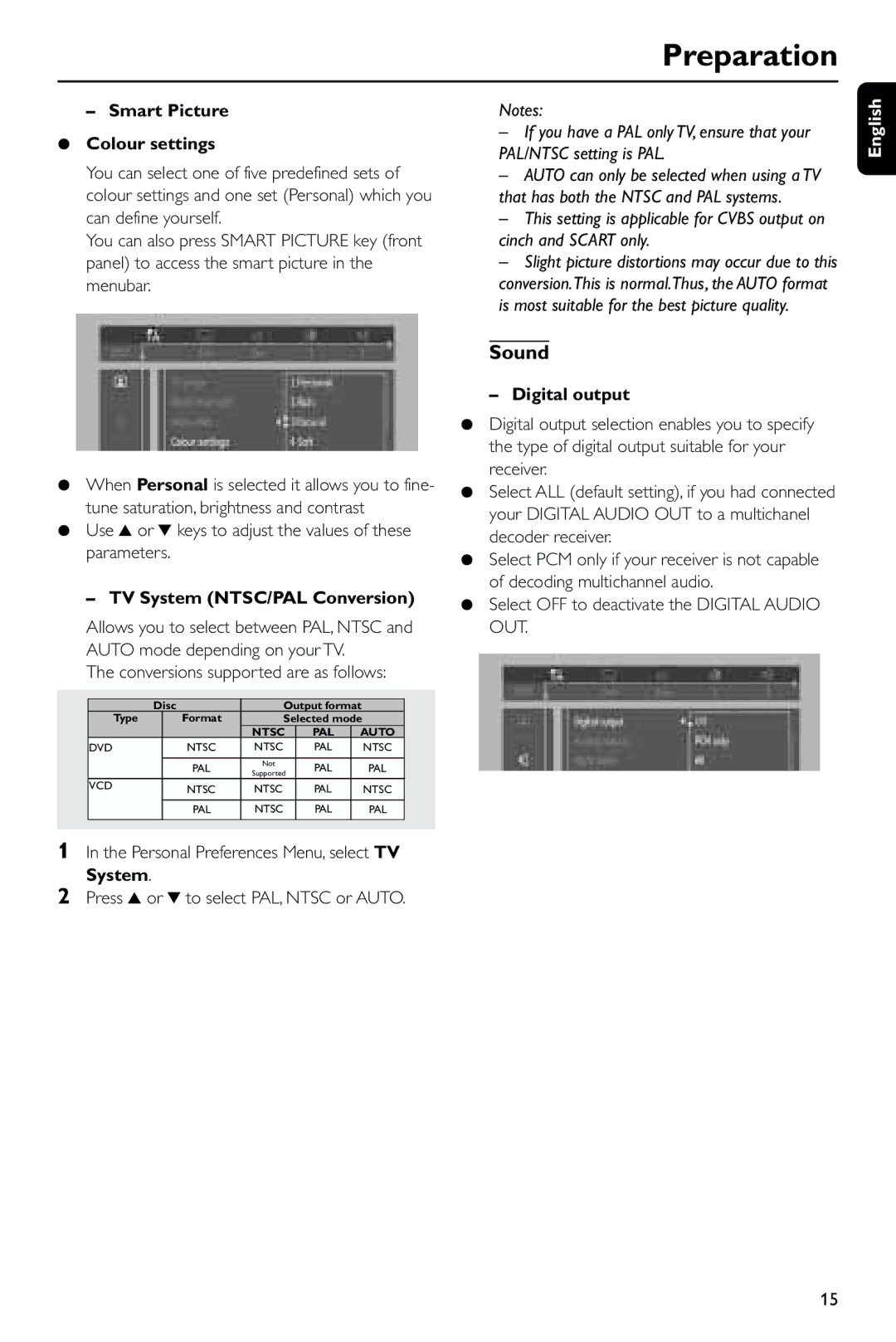 Philips DVD743/001 manual Sound, Smart Picture ¶ Colour settings, TV System NTSC/PAL Conversion, Digital output 