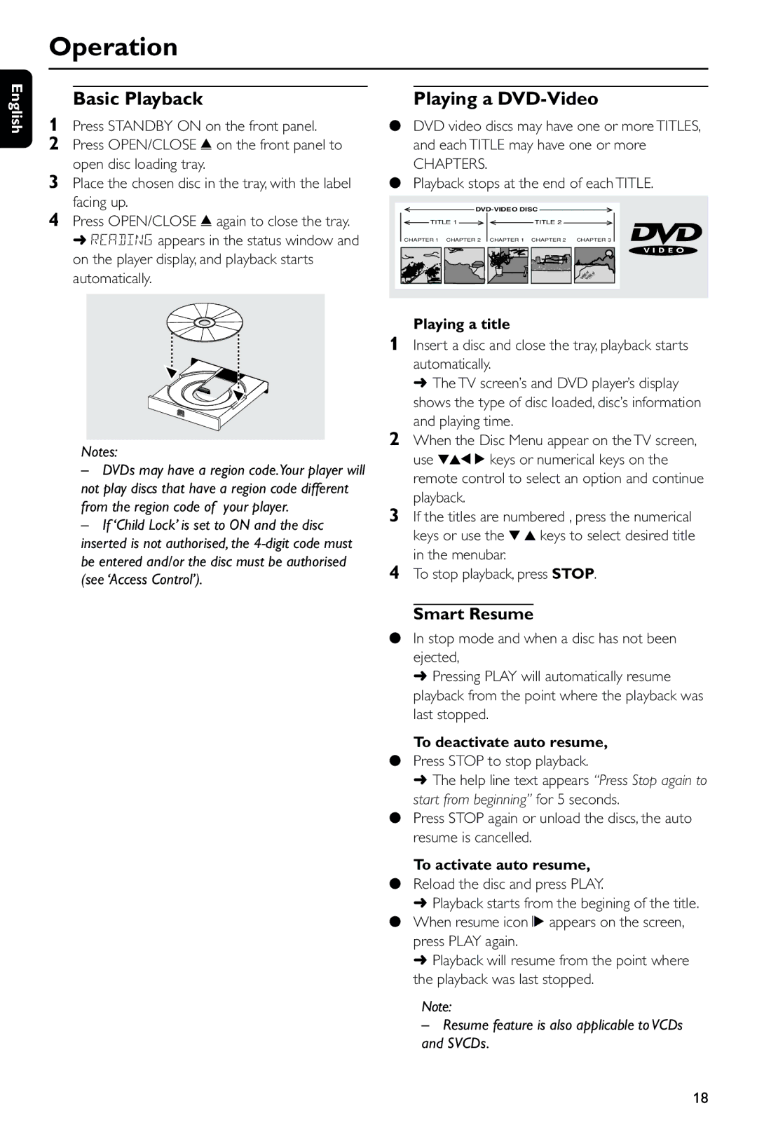 Philips DVD743/001 manual Operation, Basic Playback, Playing a DVD-Video, Smart Resume 