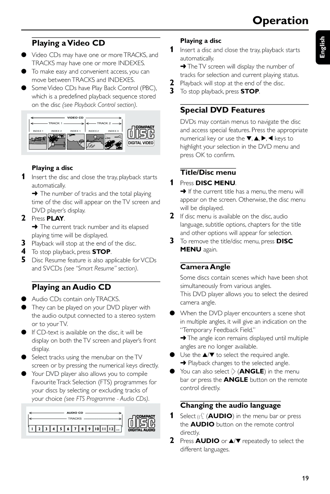 Philips DVD743/001 manual Playing a Video CD, Special DVD Features, Playing an Audio CD 