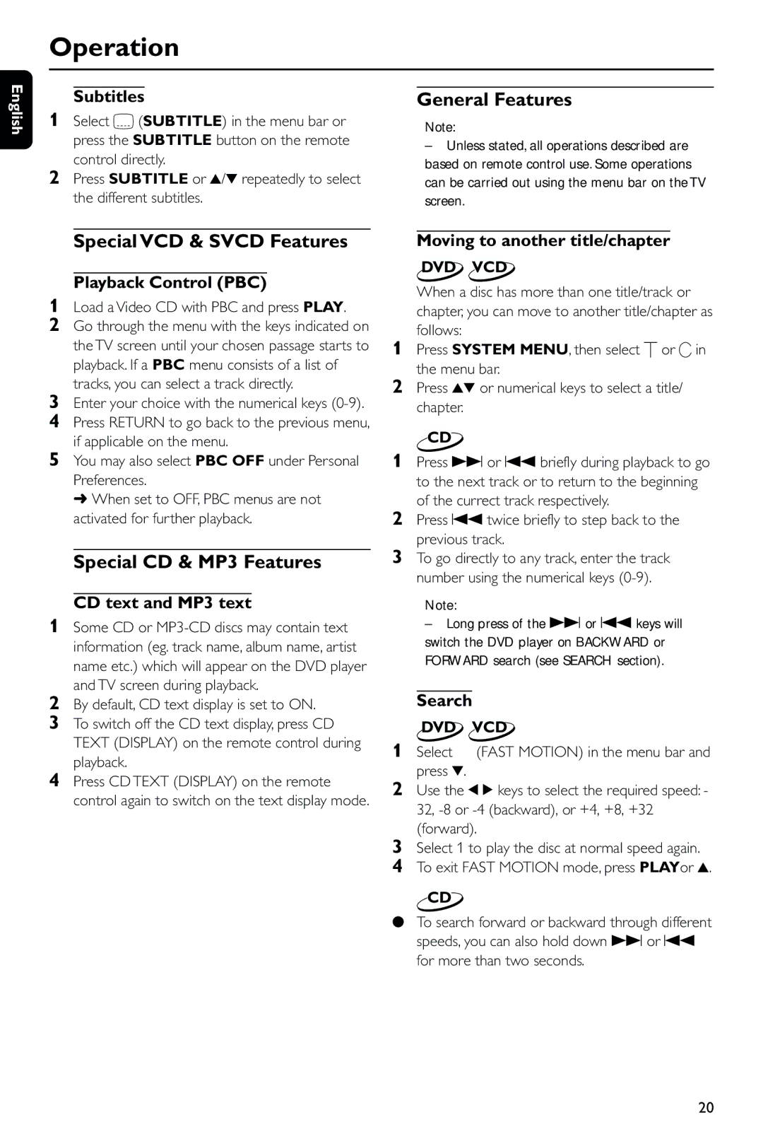 Philips DVD743/001 manual General Features, Special VCD & Svcd Features, Special CD & MP3 Features 