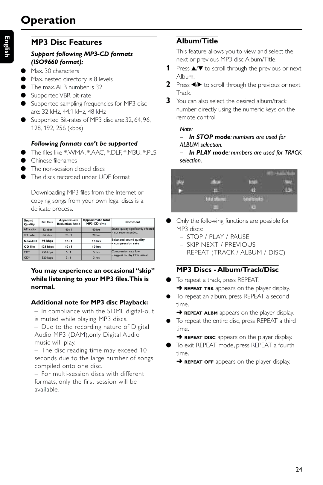 Philips DVD743/001 manual MP3 Disc Features, Album/Title, MP3 Discs Album/Track/Disc 