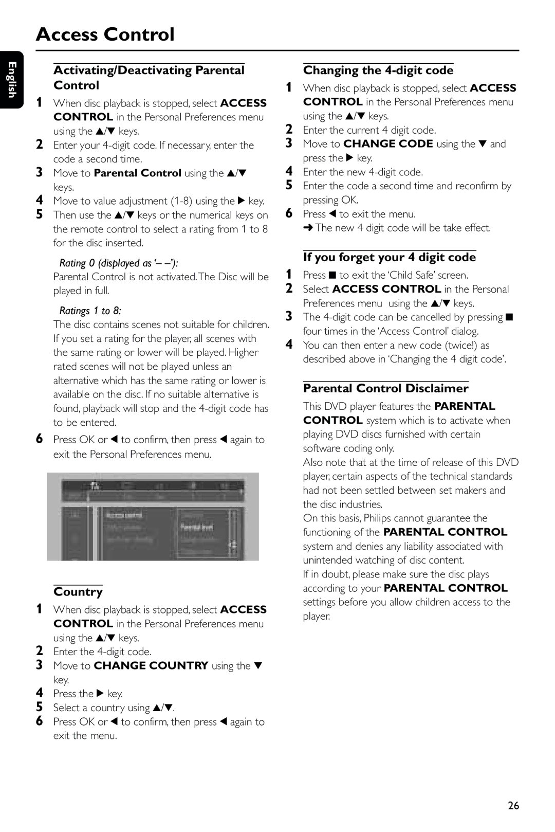 Philips DVD743/001 manual Activating/Deactivating Parental Control, Changing the 4-digit code, Country 