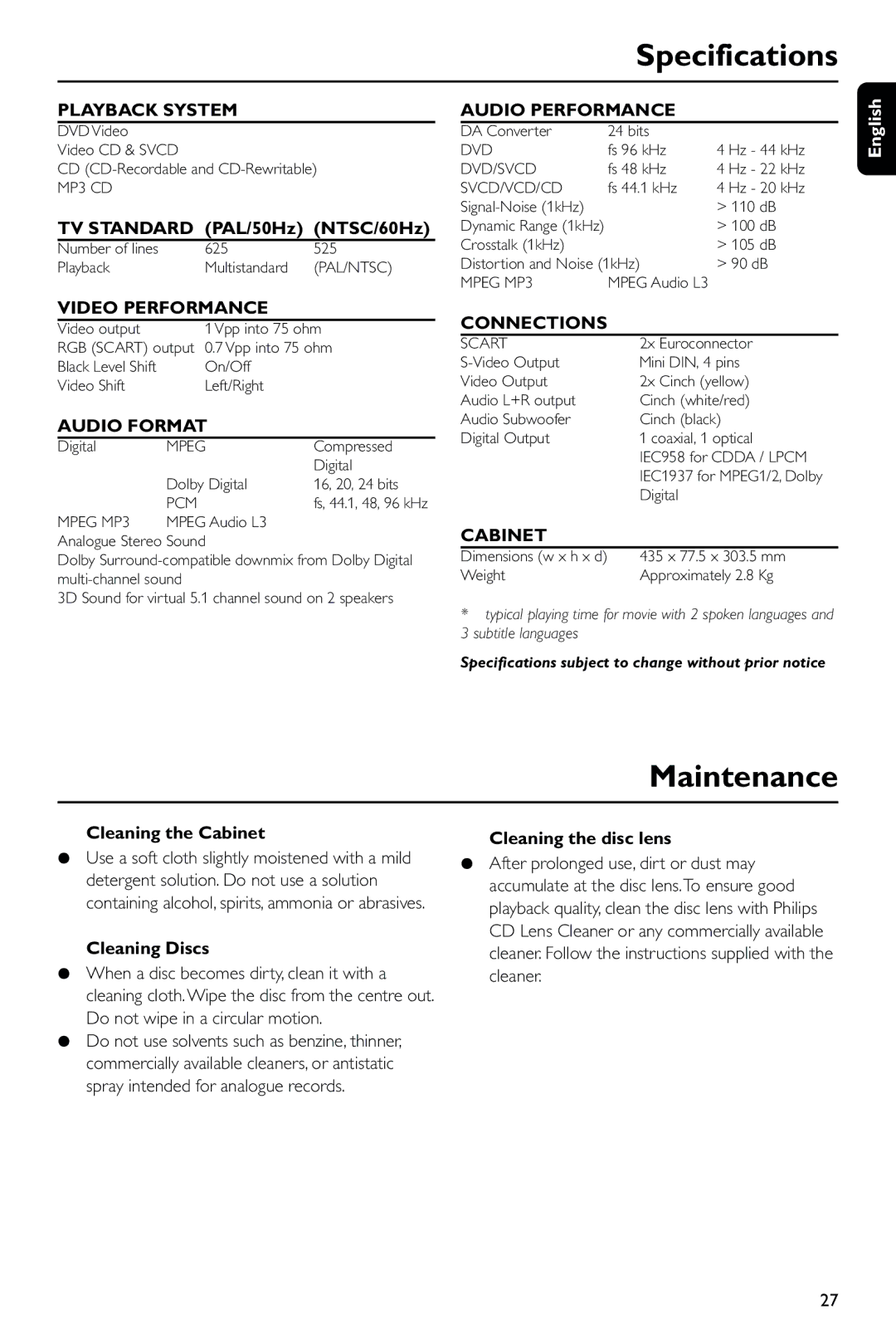 Philips DVD743/001 manual Specifications, Maintenance 