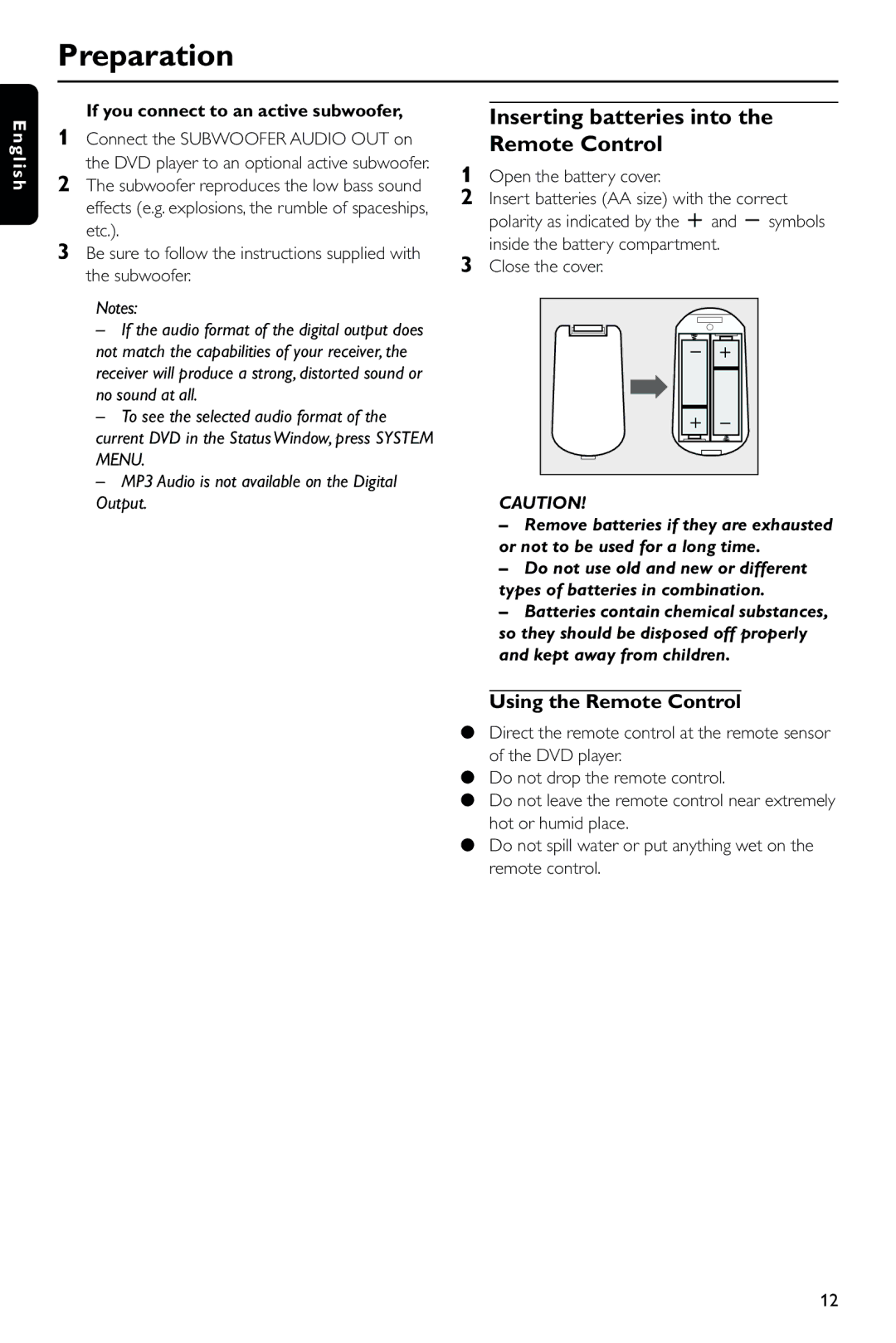 Philips DVD743HC/021 manual Inserting batteries into the Remote Control, Using the Remote Control, Open the battery cover 