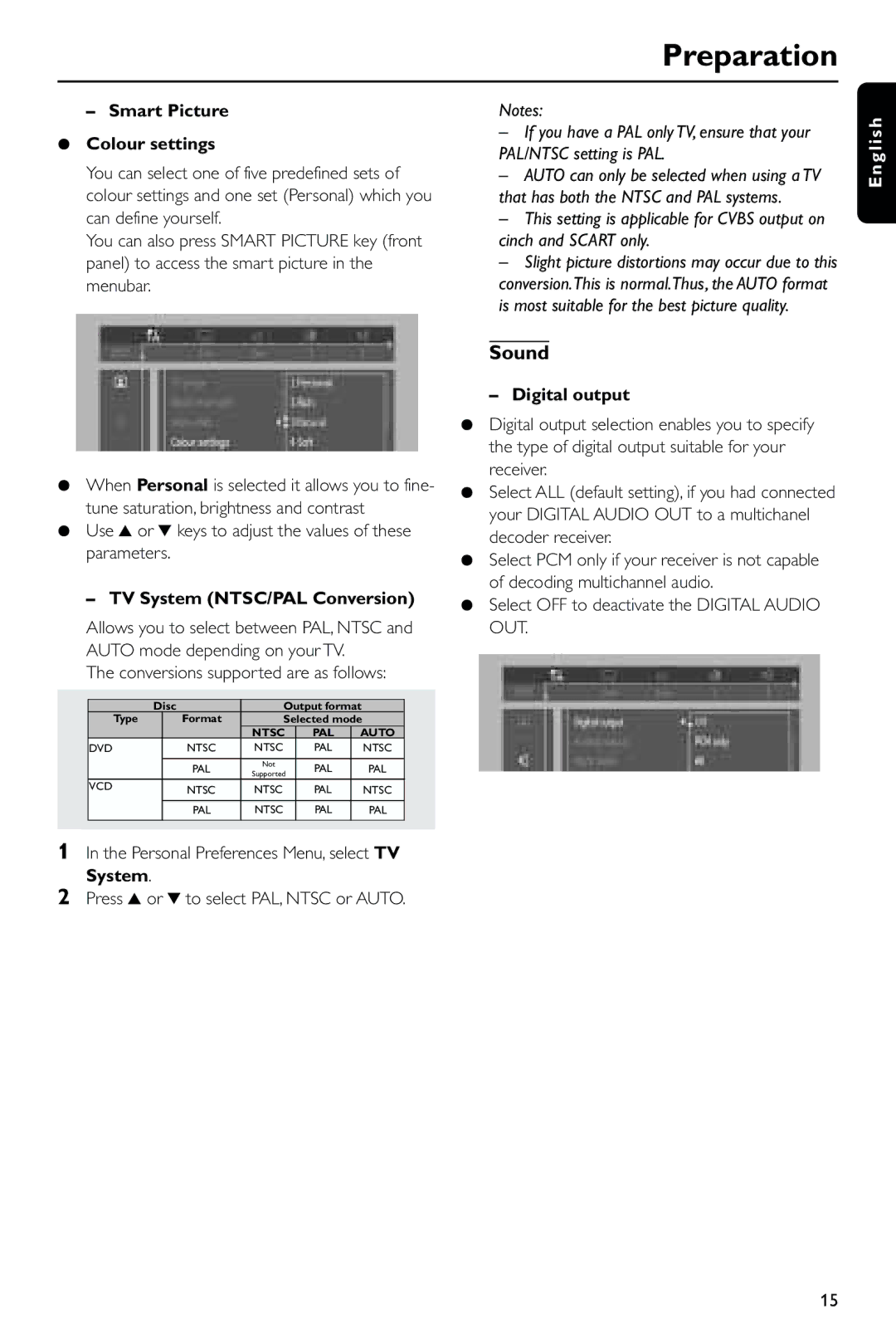 Philips DVD743HC/021 manual Sound, Smart Picture ¶ Colour settings, TV System NTSC/PAL Conversion, Digital output 