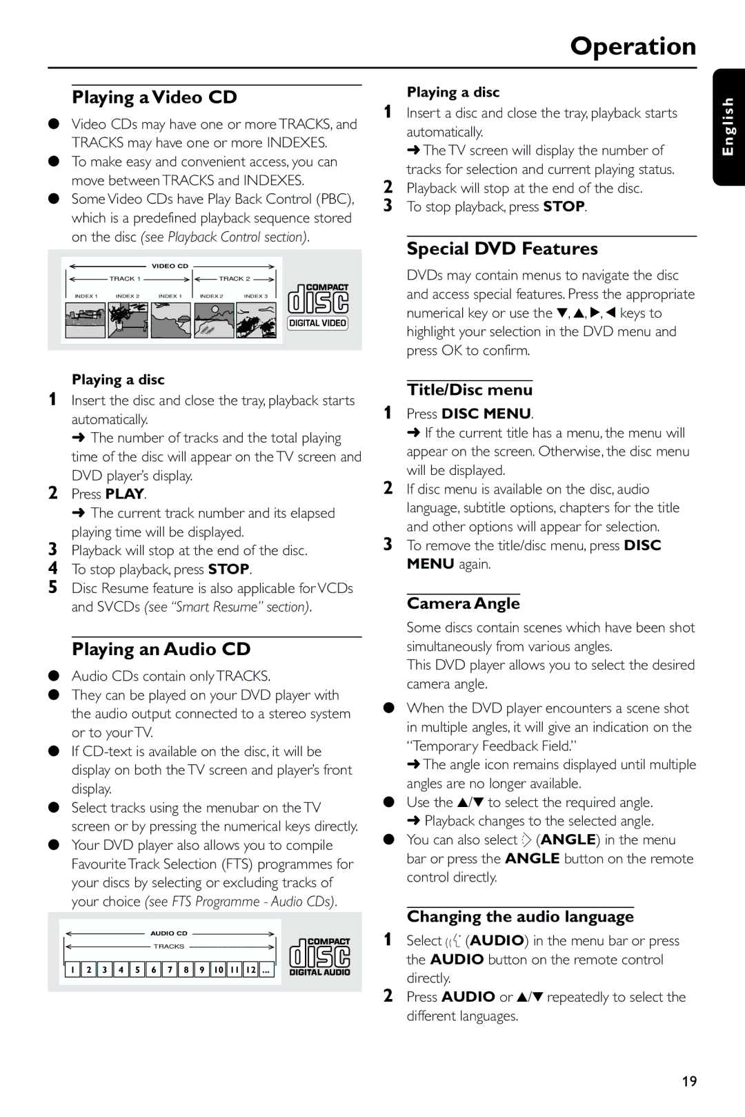 Philips DVD743HC/021 manual Playing a Video CD, Special DVD Features, Playing an Audio CD 