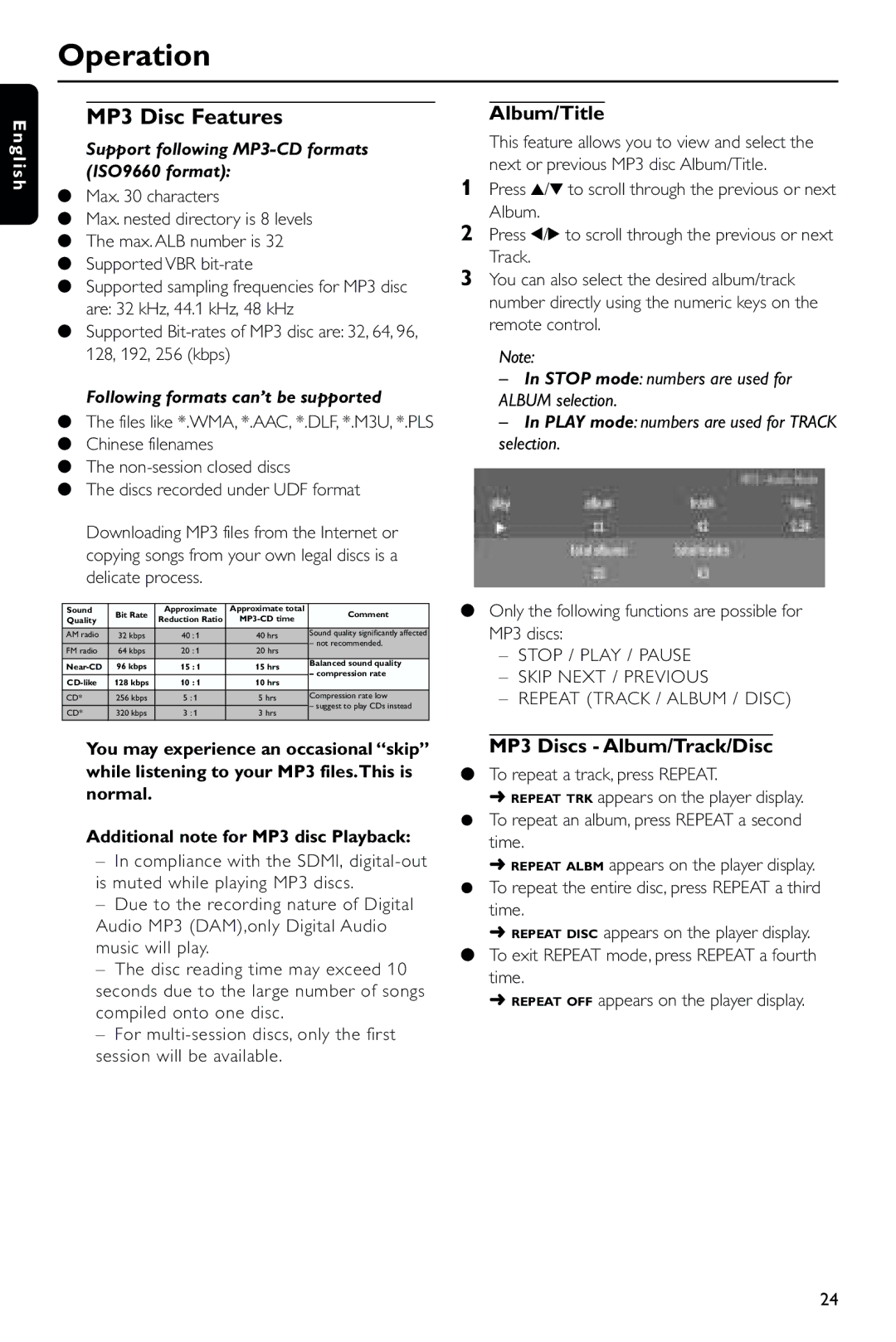 Philips DVD743HC/021 manual MP3 Disc Features, Album/Title, MP3 Discs Album/Track/Disc 