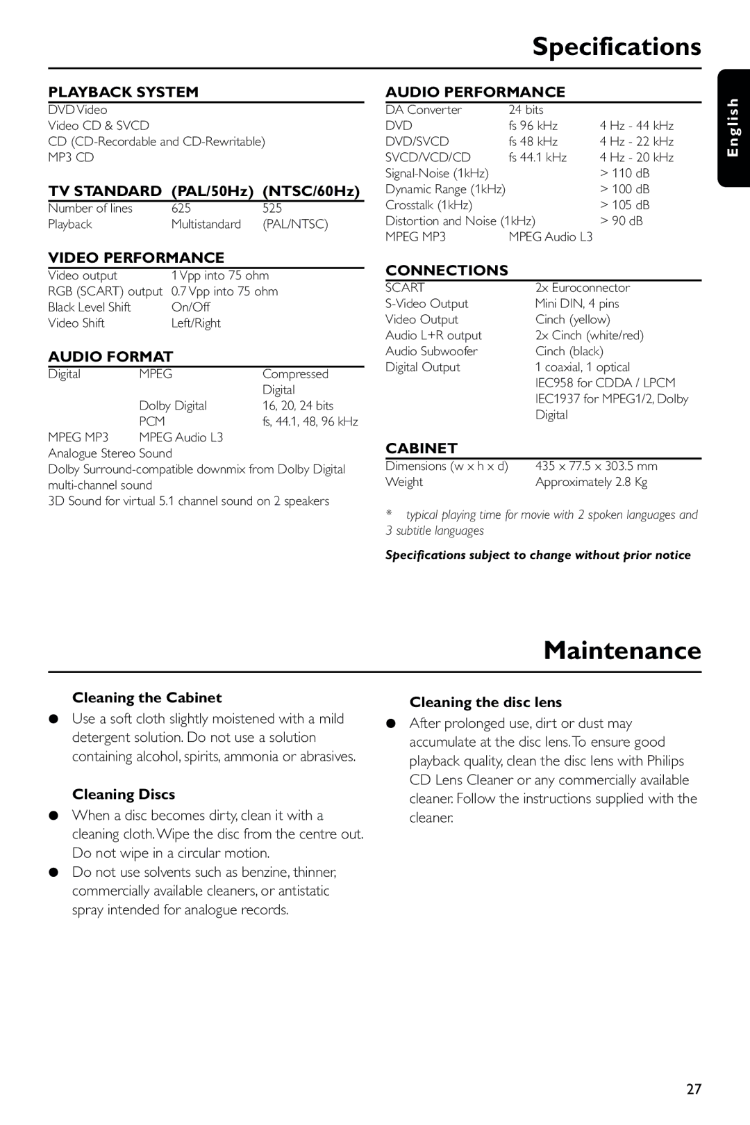 Philips DVD743HC/021 manual Specifications, Maintenance 