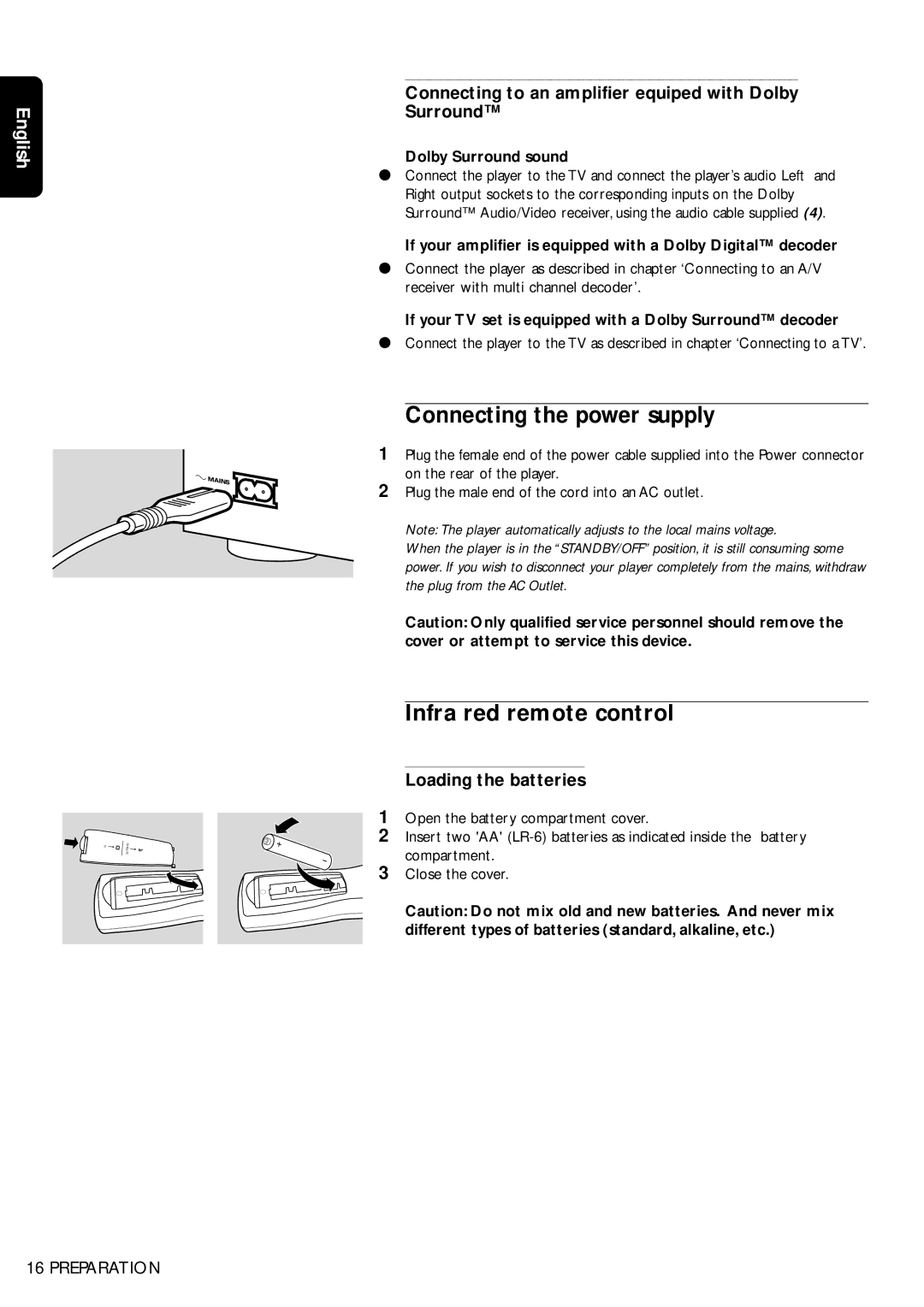 Philips DVD750/05 manual Connecting the power supply, Infra red remote control, Loading the batteries 