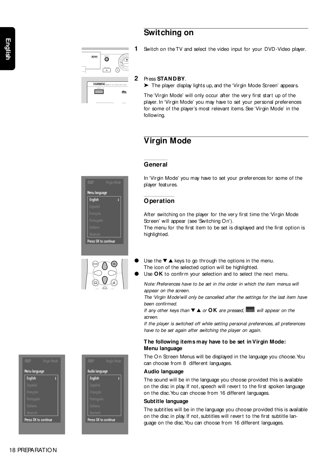 Philips DVD750/05 manual Switching on, Virgin Mode, General, Operation 