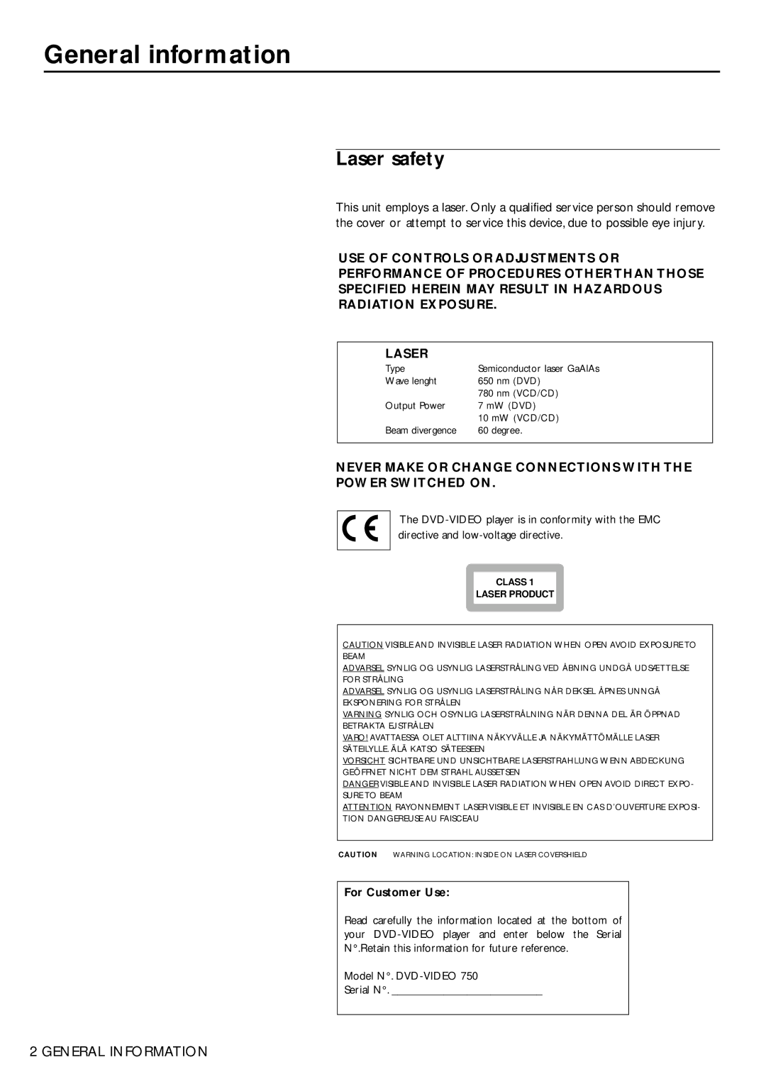 Philips DVD750/05 manual General information, Laser safety 