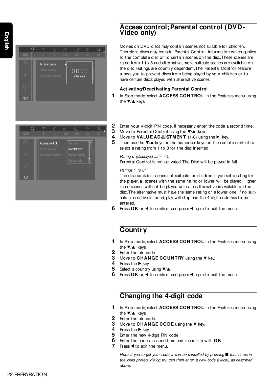 Philips DVD750/05 manual Access control Parental control DVD- Video only, Country, Changing the 4-digit code 