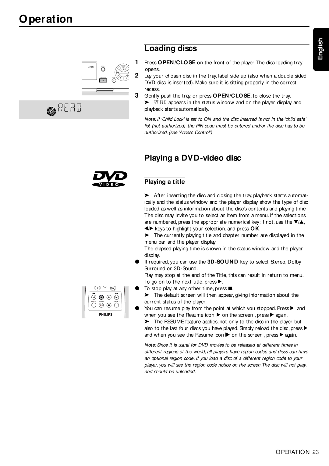 Philips DVD750/05 manual Operation, Loading discs, Playing a DVD-video disc, Playing a title 