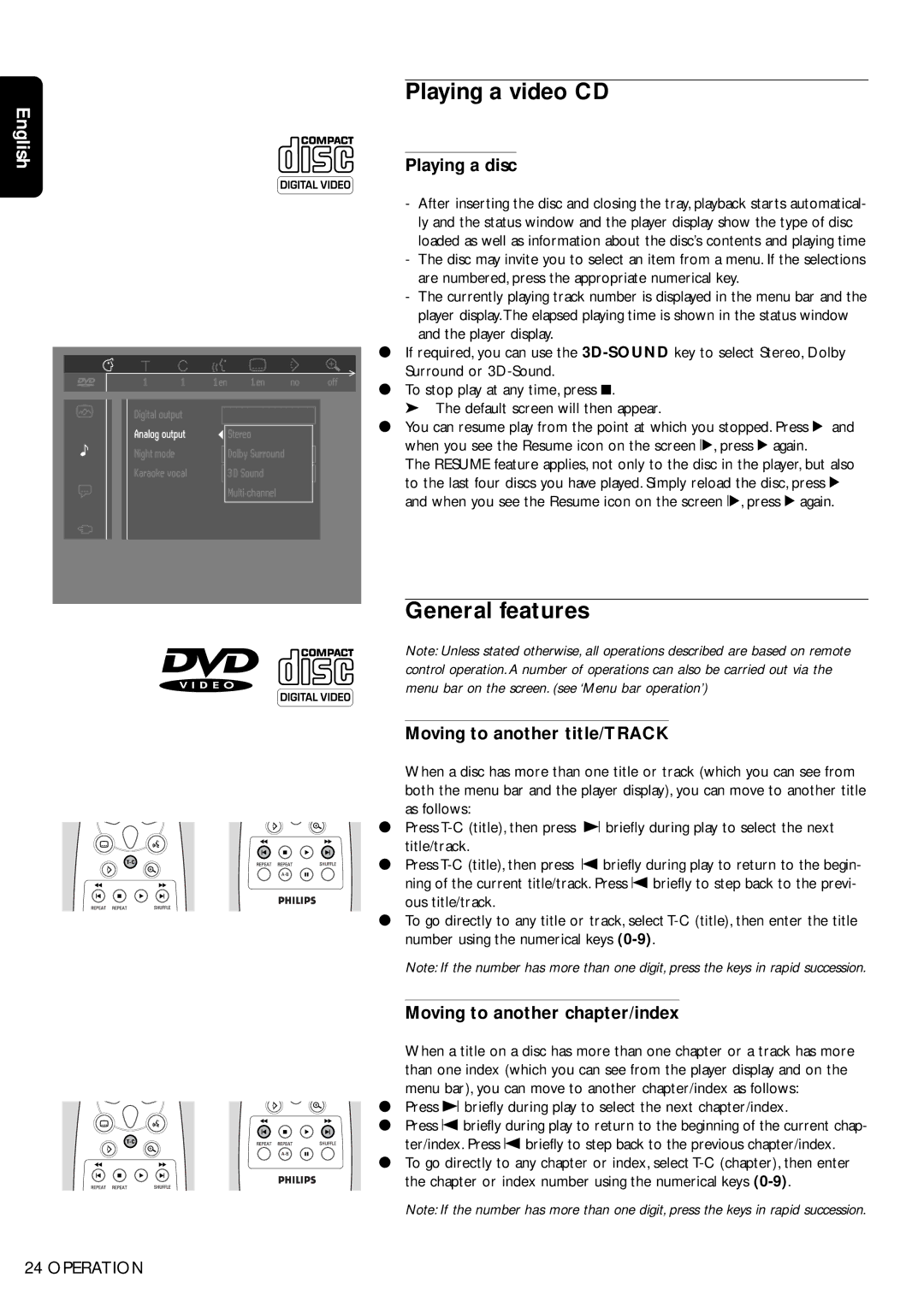 Philips DVD750/05 manual Playing a video CD, General features, Playing a disc, Moving to another title/TRACK 