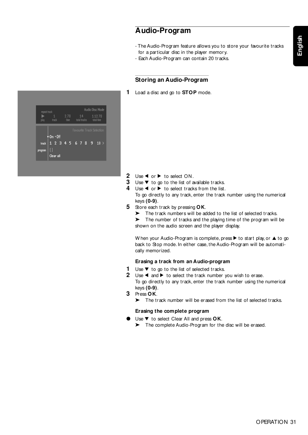 Philips DVD750/05 Storing an Audio-Program, Load a disc and go to Stop mode, Erasing a track from an Audio-program 