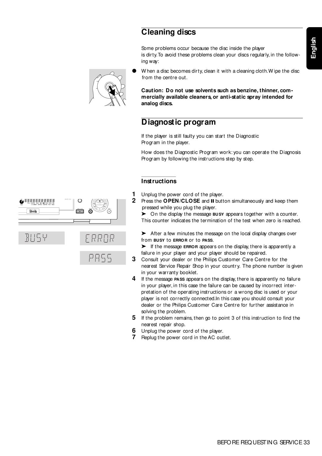 Philips DVD750/05 Cleaning discs, Diagnostic program, Instructions, Some problems occur because the disc inside the player 