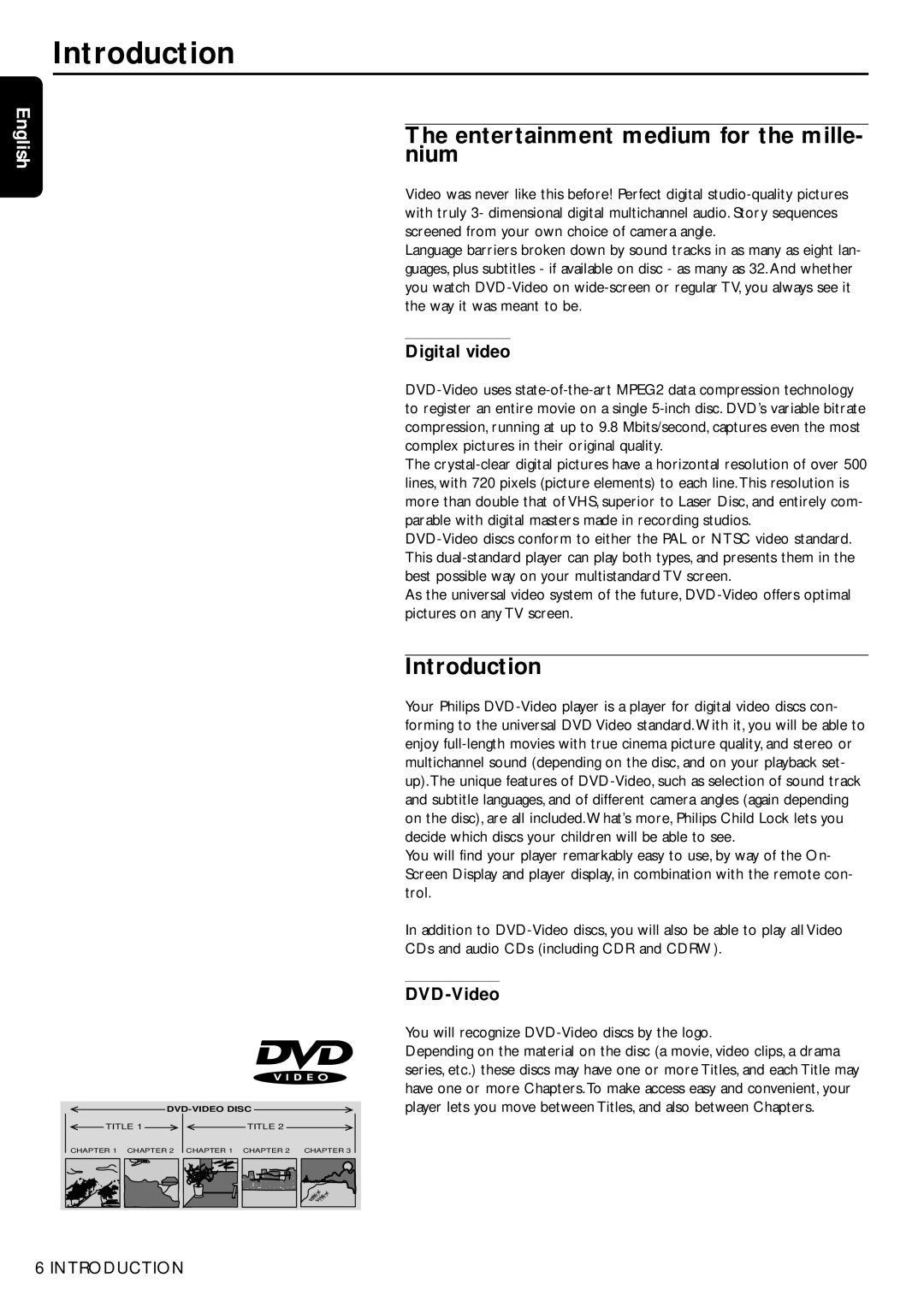 Philips DVD750/05 manual Introduction, Entertainment medium for the mille- nium, Digital video, DVD-Video 