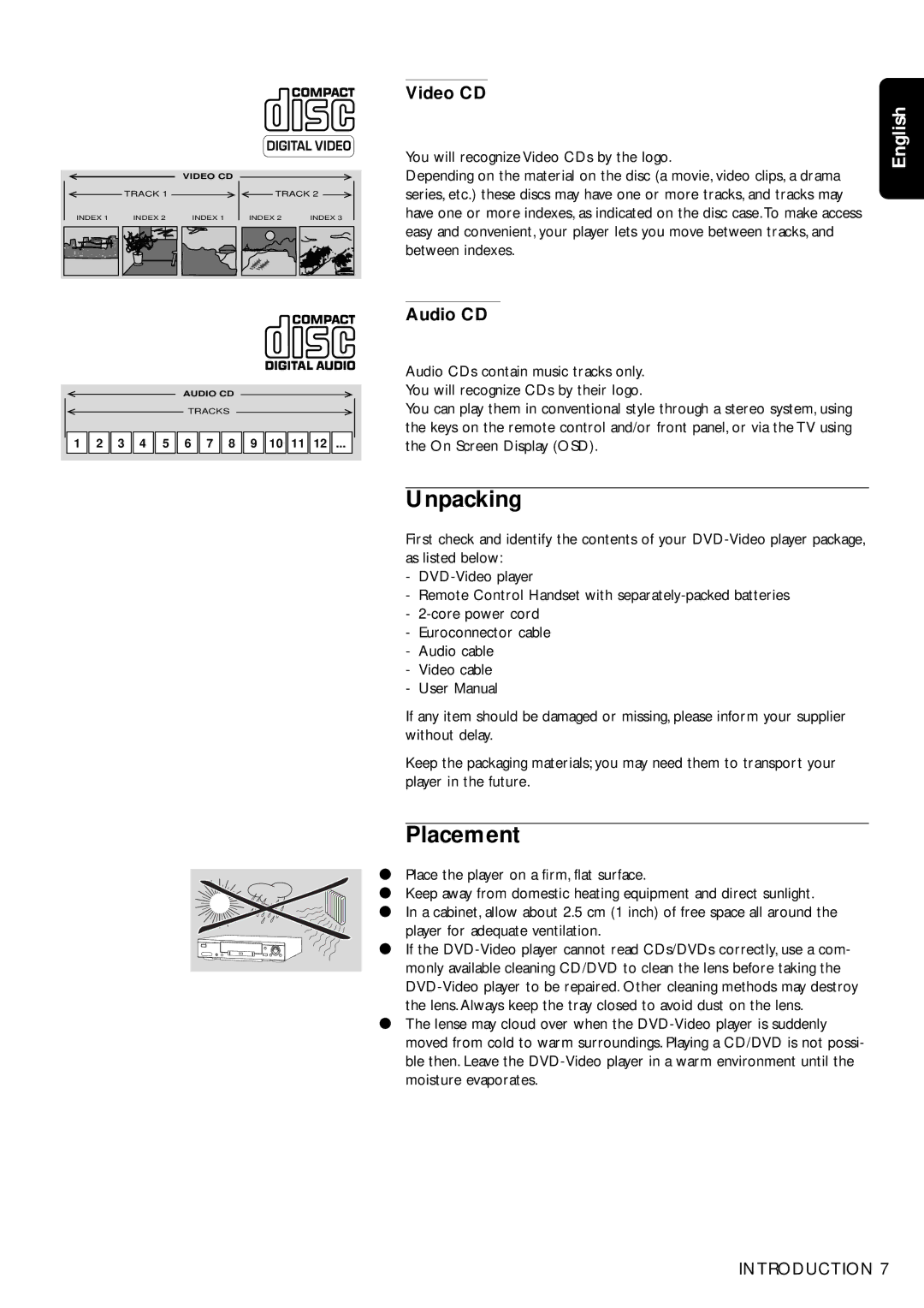 Philips DVD750/05 manual Unpacking, Placement, Video CD, Audio CD 