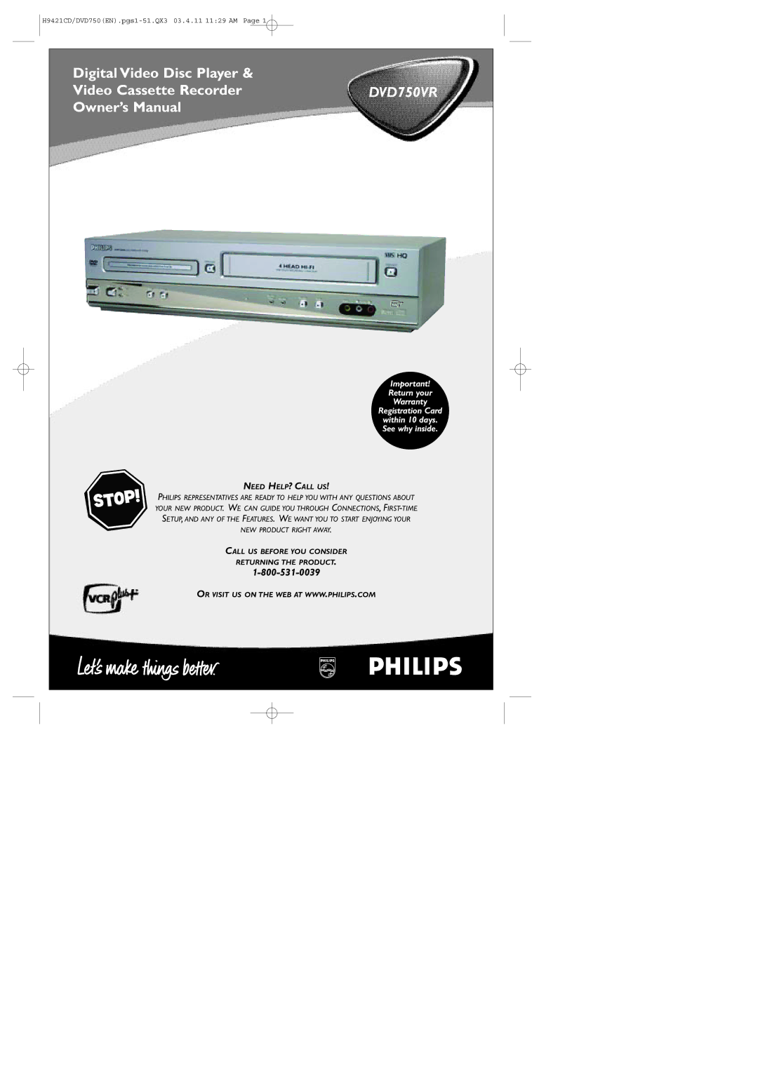 Philips DVD750VR owner manual Digital Video Disc Player Video Cassette Recorder 