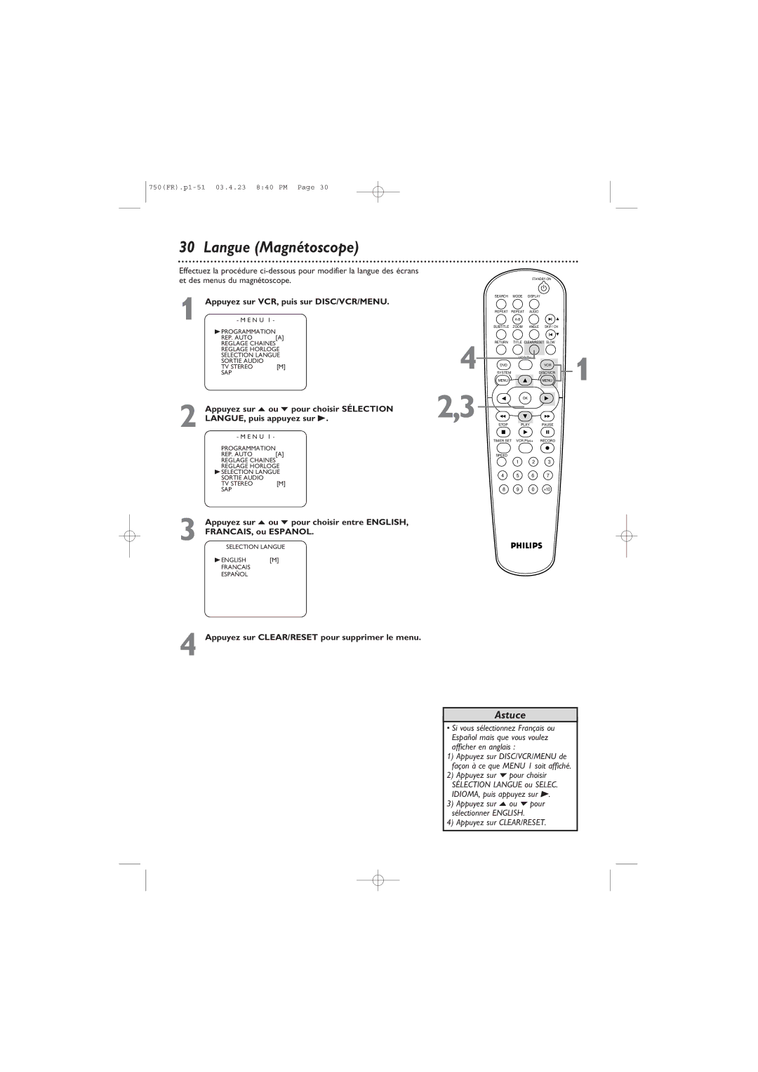 Philips DVD750VR owner manual Langue Magnétoscope 