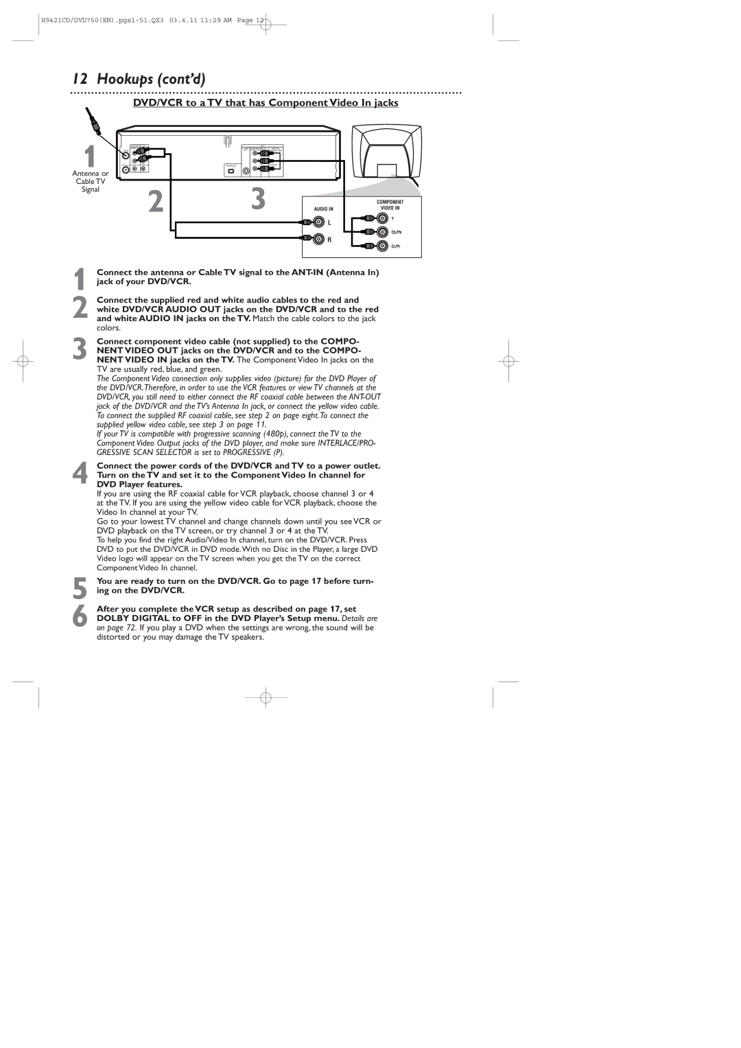 Philips DVD750VR owner manual DVD/VCR to a TV that has Component Video In jacks 