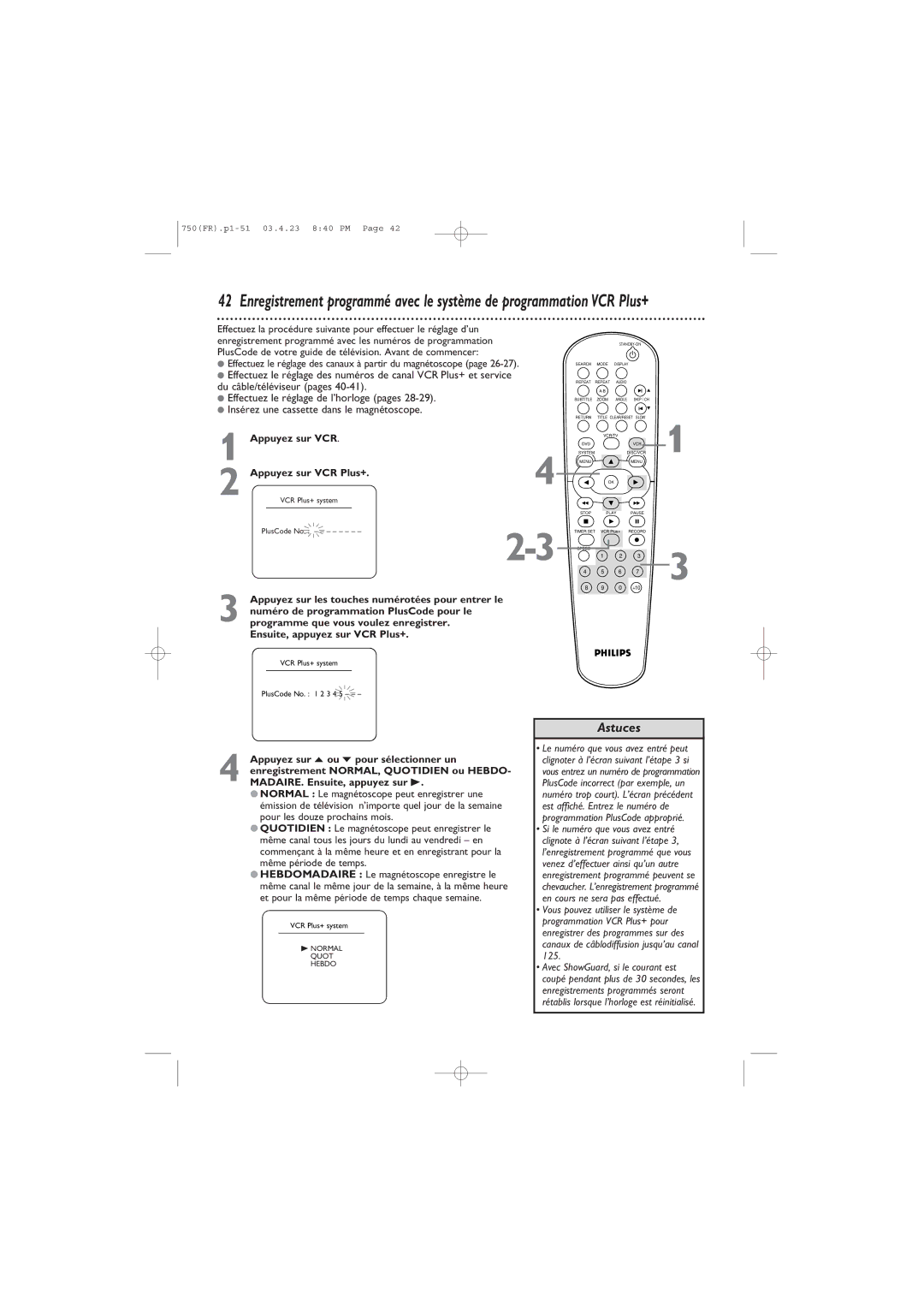 Philips DVD750VR owner manual Appuyez sur VCR 