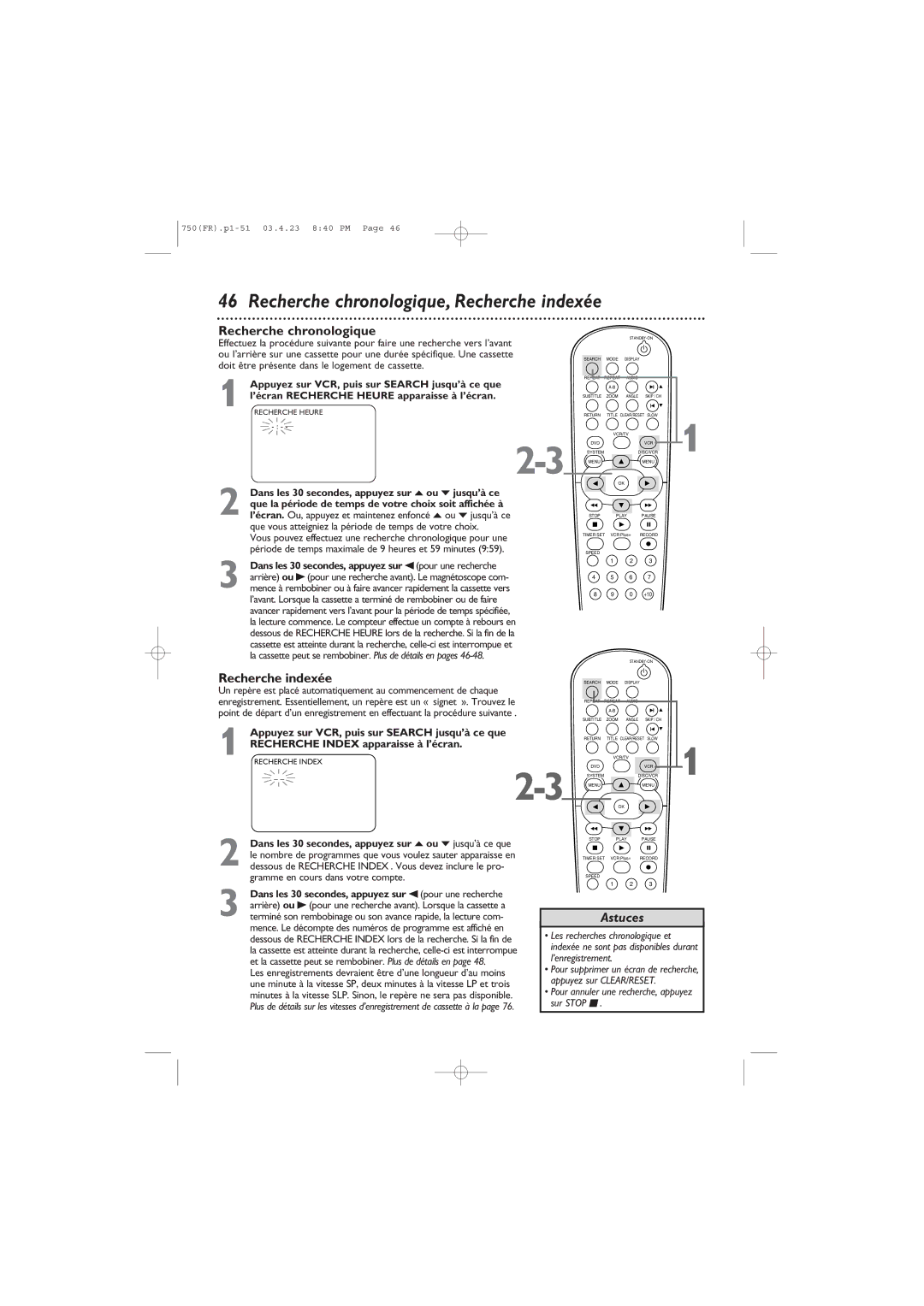 Philips DVD750VR owner manual Recherche chronologique, Recherche indexée, Gramme en cours dans votre compte 