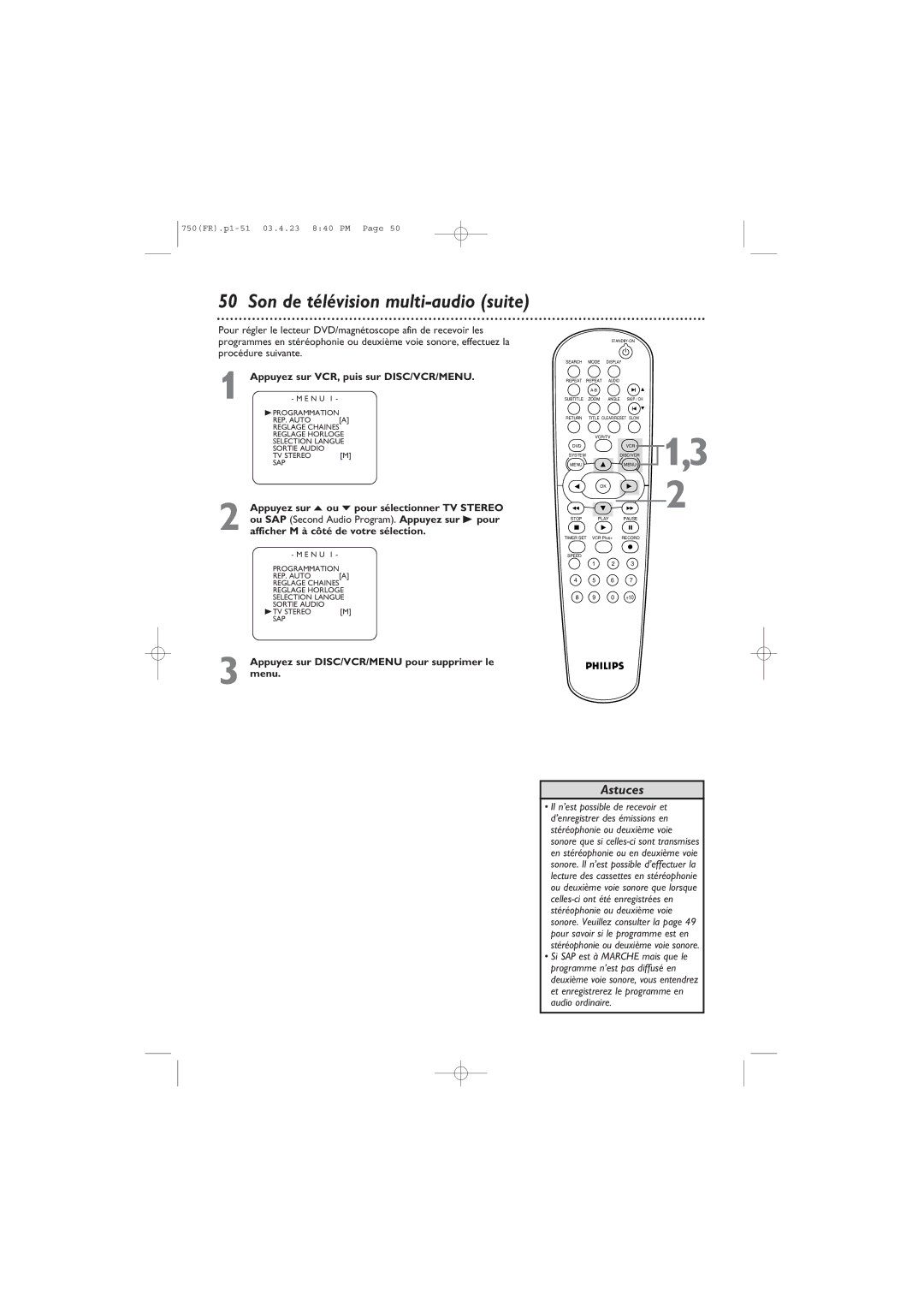 Philips DVD750VR owner manual Afficher M à côté de votre sélection, Appuyez sur DISC/VCR/MENU pour supprimer le menu 