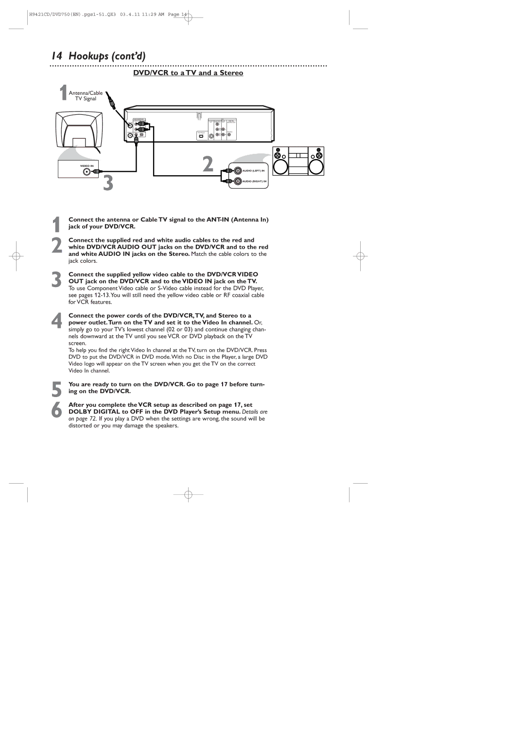 Philips DVD750VR owner manual DVD/VCR to a TV and a Stereo, 1Antenna/Cable TV Signal 