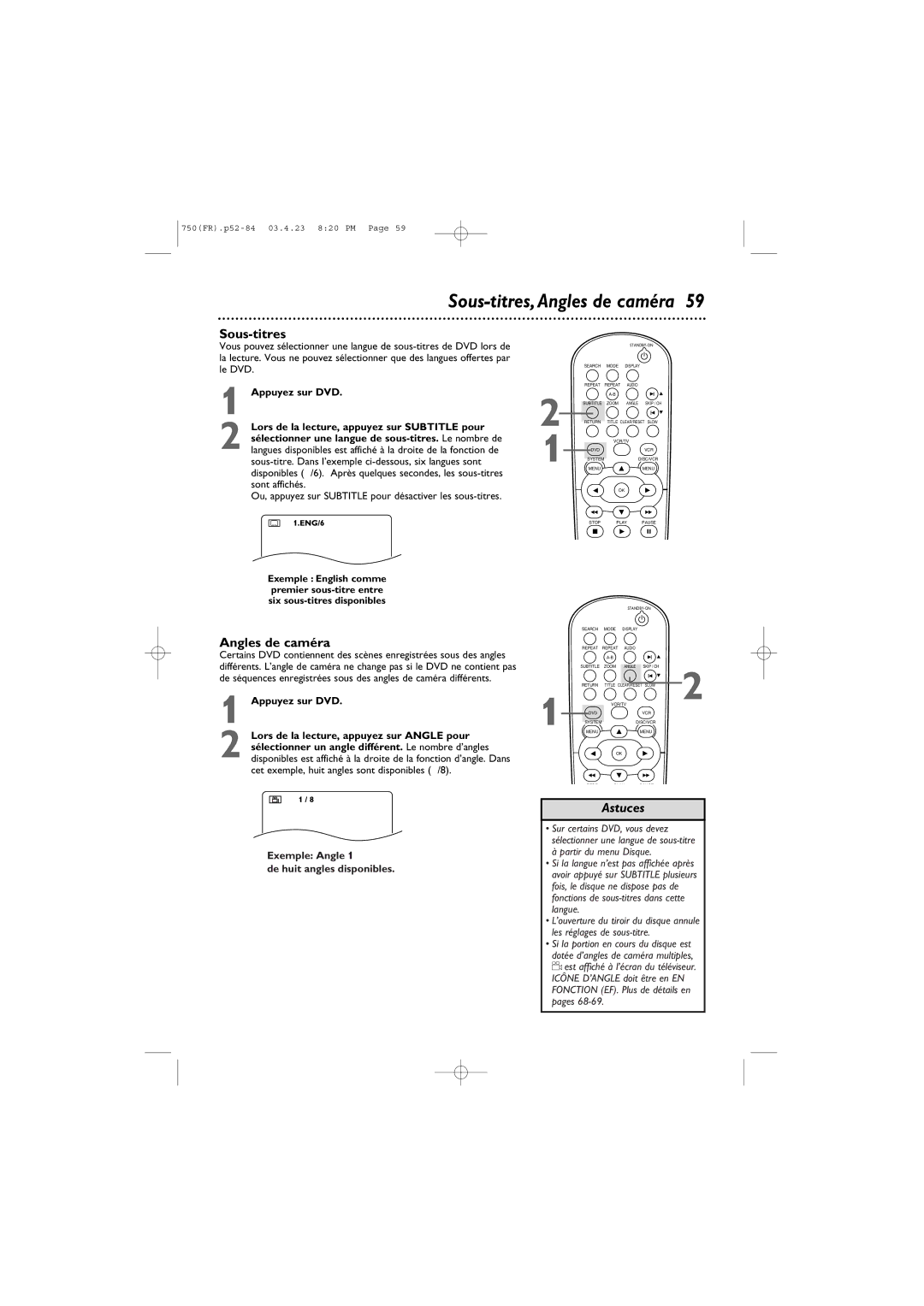 Philips DVD750VR owner manual Sous-titres,Angles de caméra, Exemple Angle De huit angles disponibles 