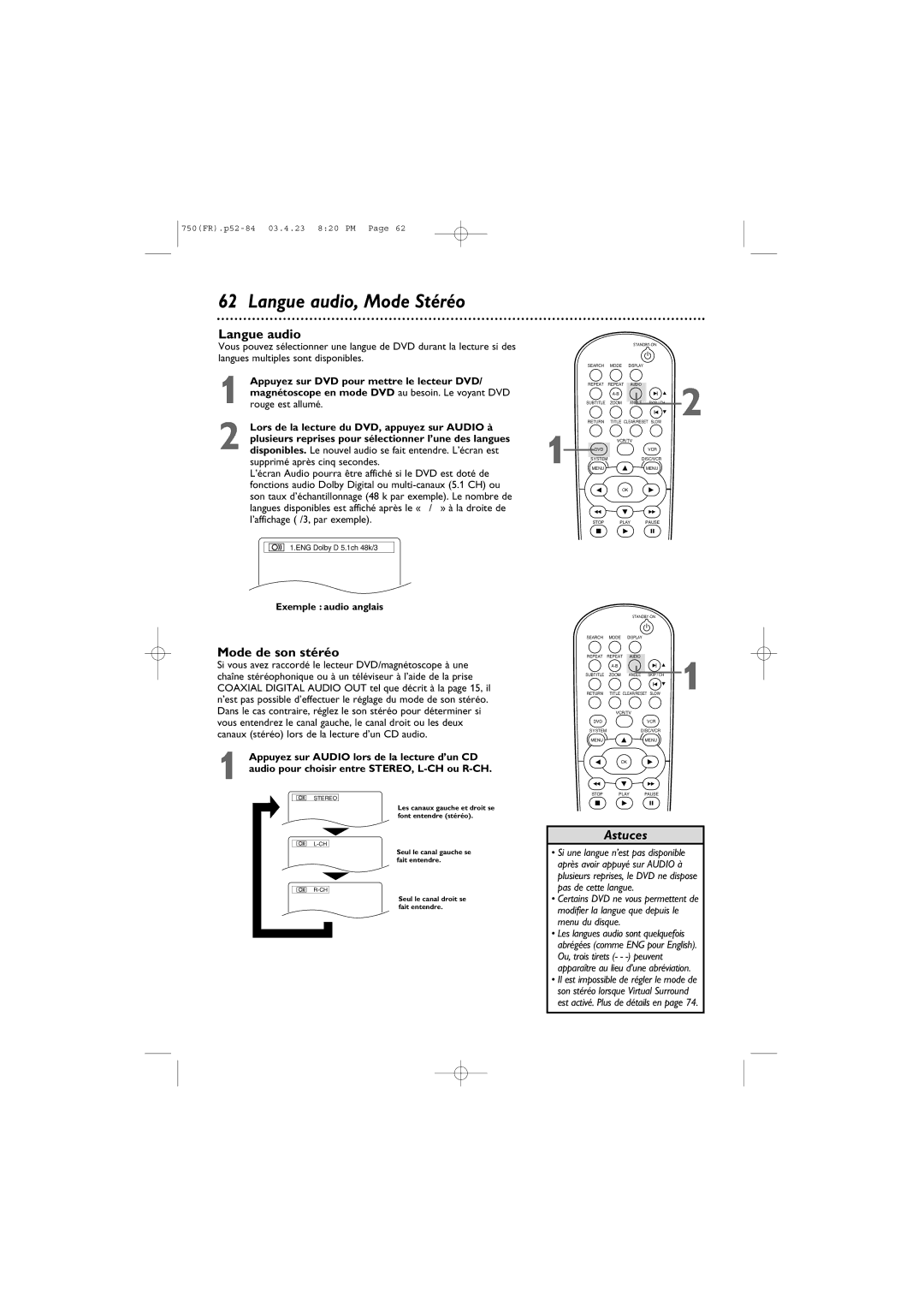 Philips DVD750VR owner manual Langue audio, Mode Stéréo, Mode de son stéréo 