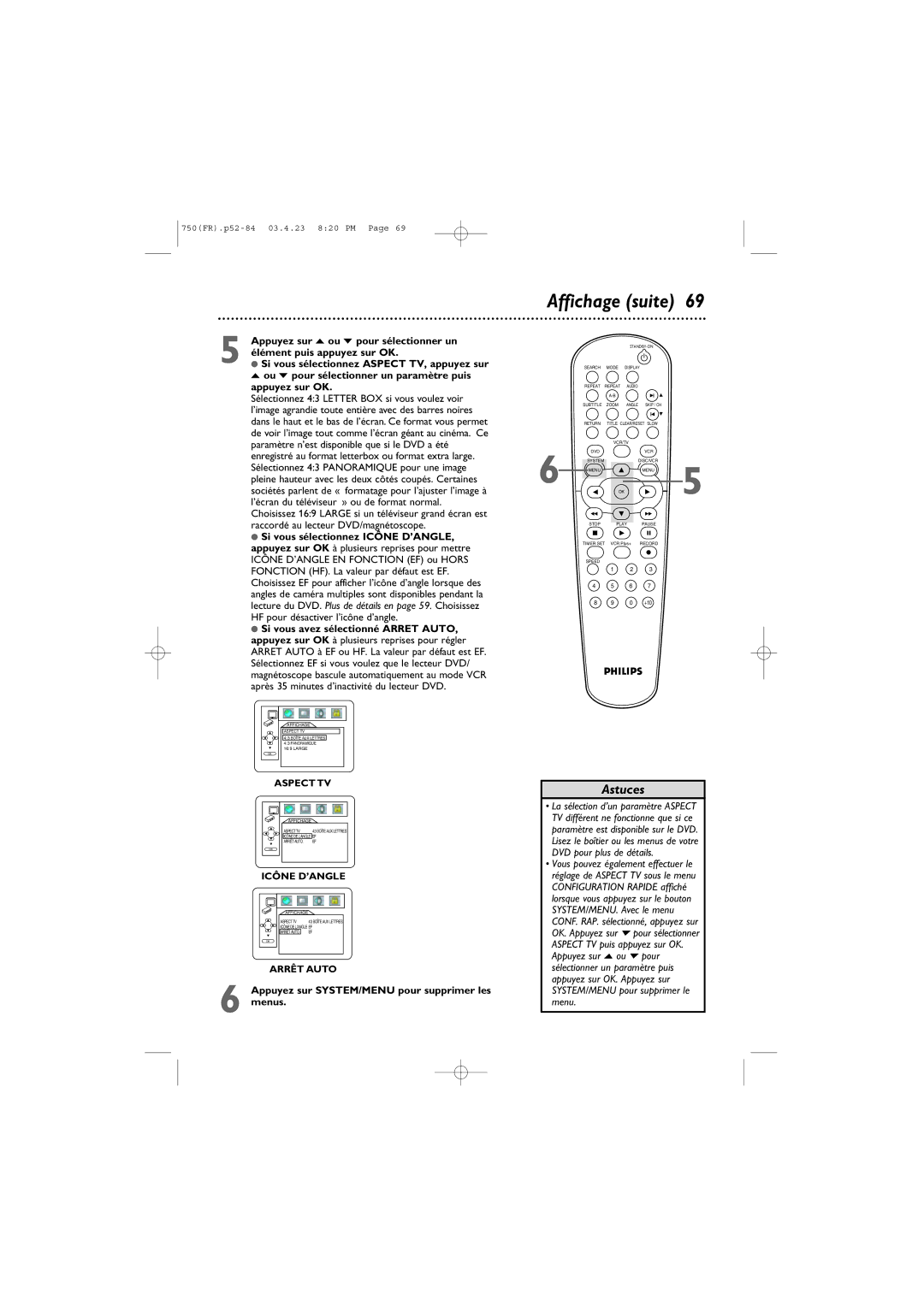 Philips DVD750VR owner manual Affichage suite 